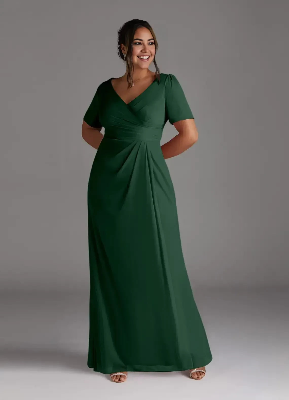 Graceful A Line V Neck Short Sleeve Zipper Back Plus Size Floor Length Mother of the Bride Dress