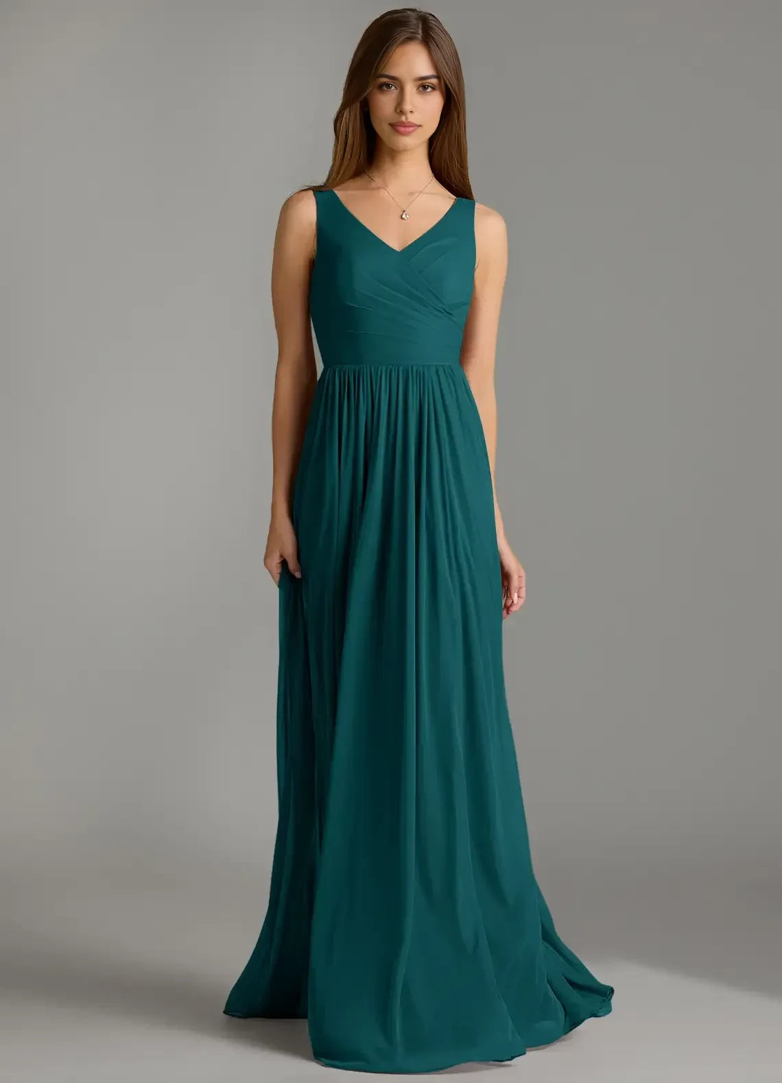 Graceful A Line V Neck Sleeveless Scoop Back Floor Length Bridesmaid Dress