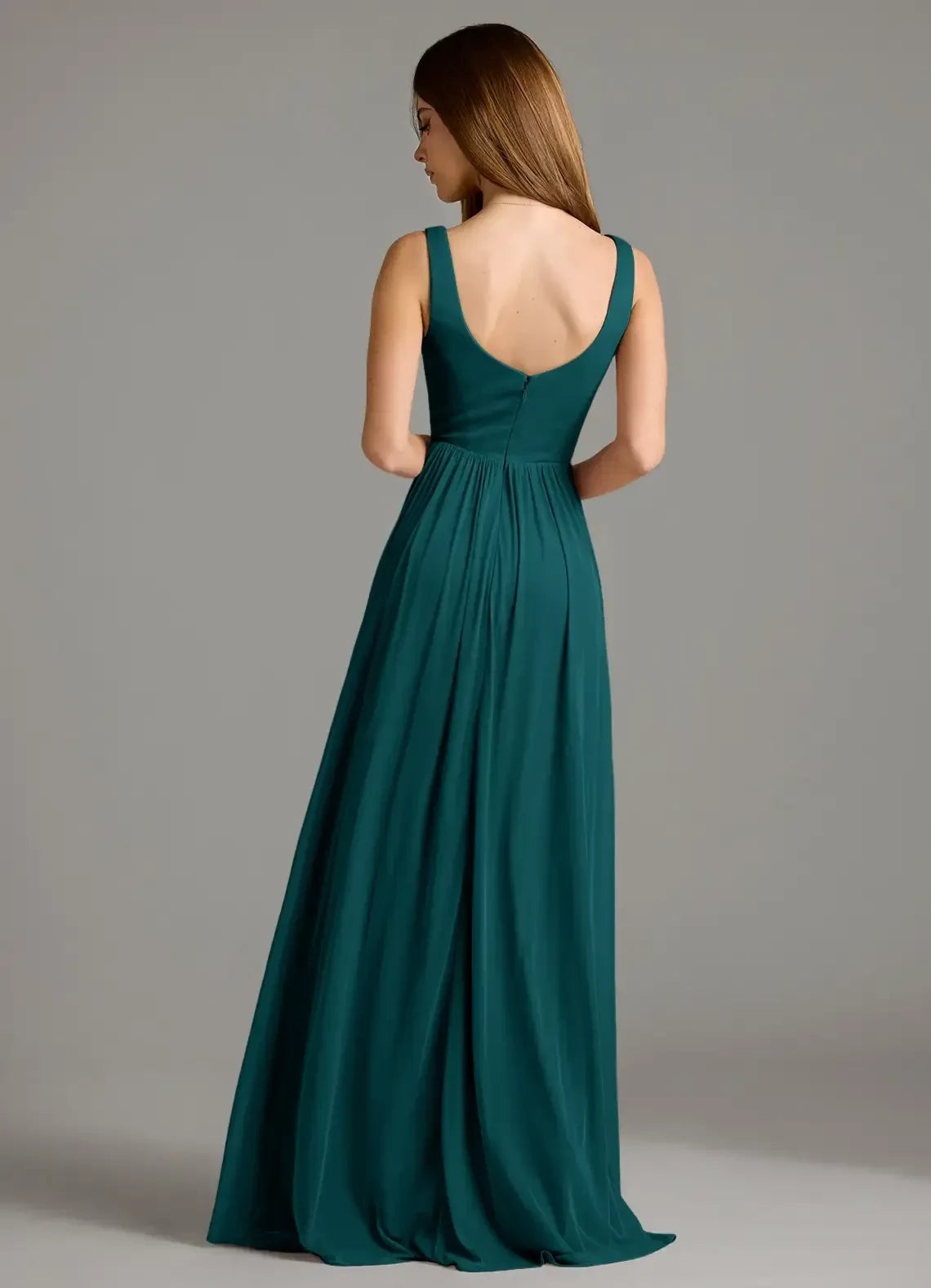 Graceful A Line V Neck Sleeveless Scoop Back Floor Length Bridesmaid Dress