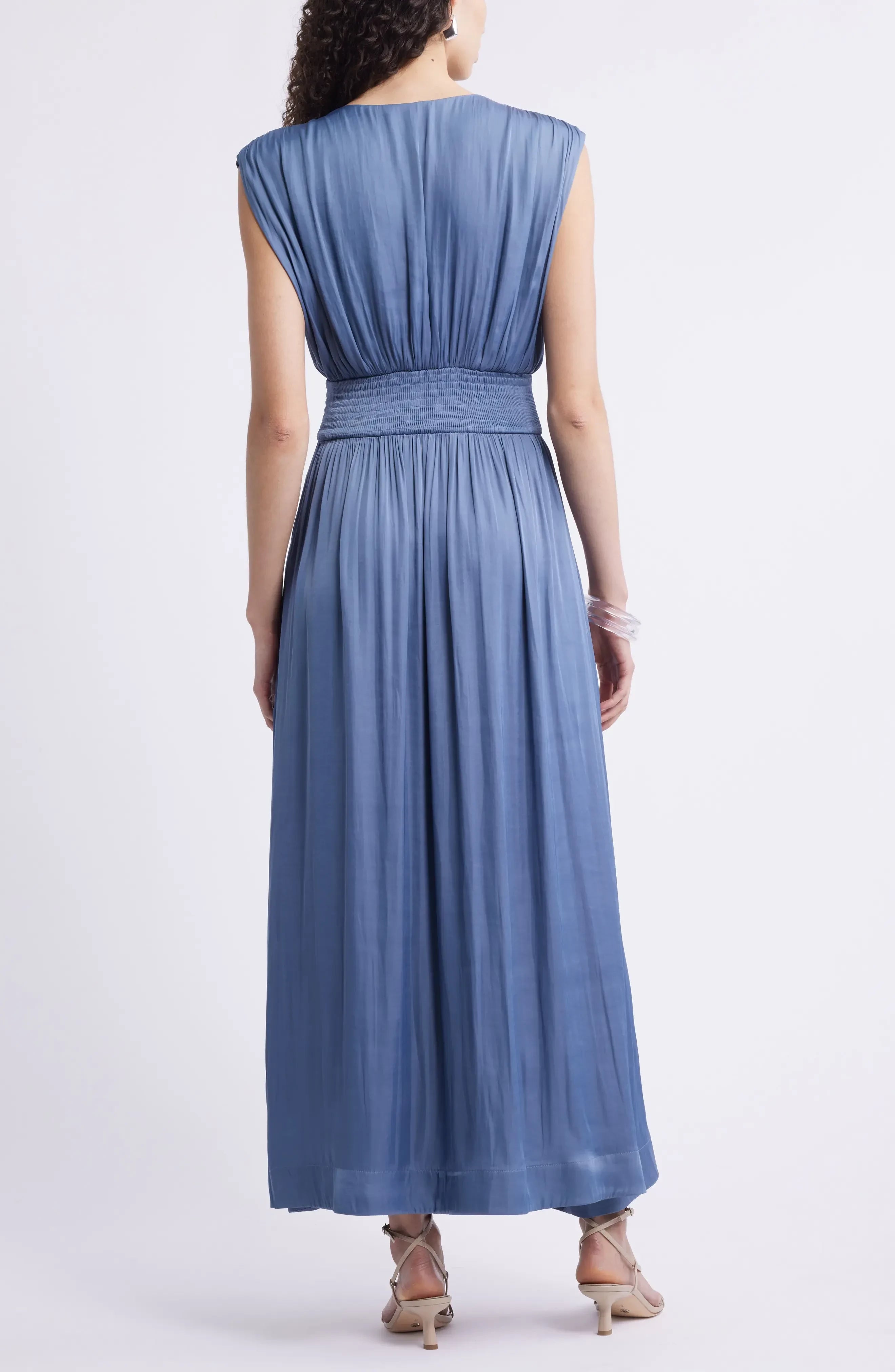 Graceful A Line V Neck Sleeveless Smocked Back Floor Length Evening Dress