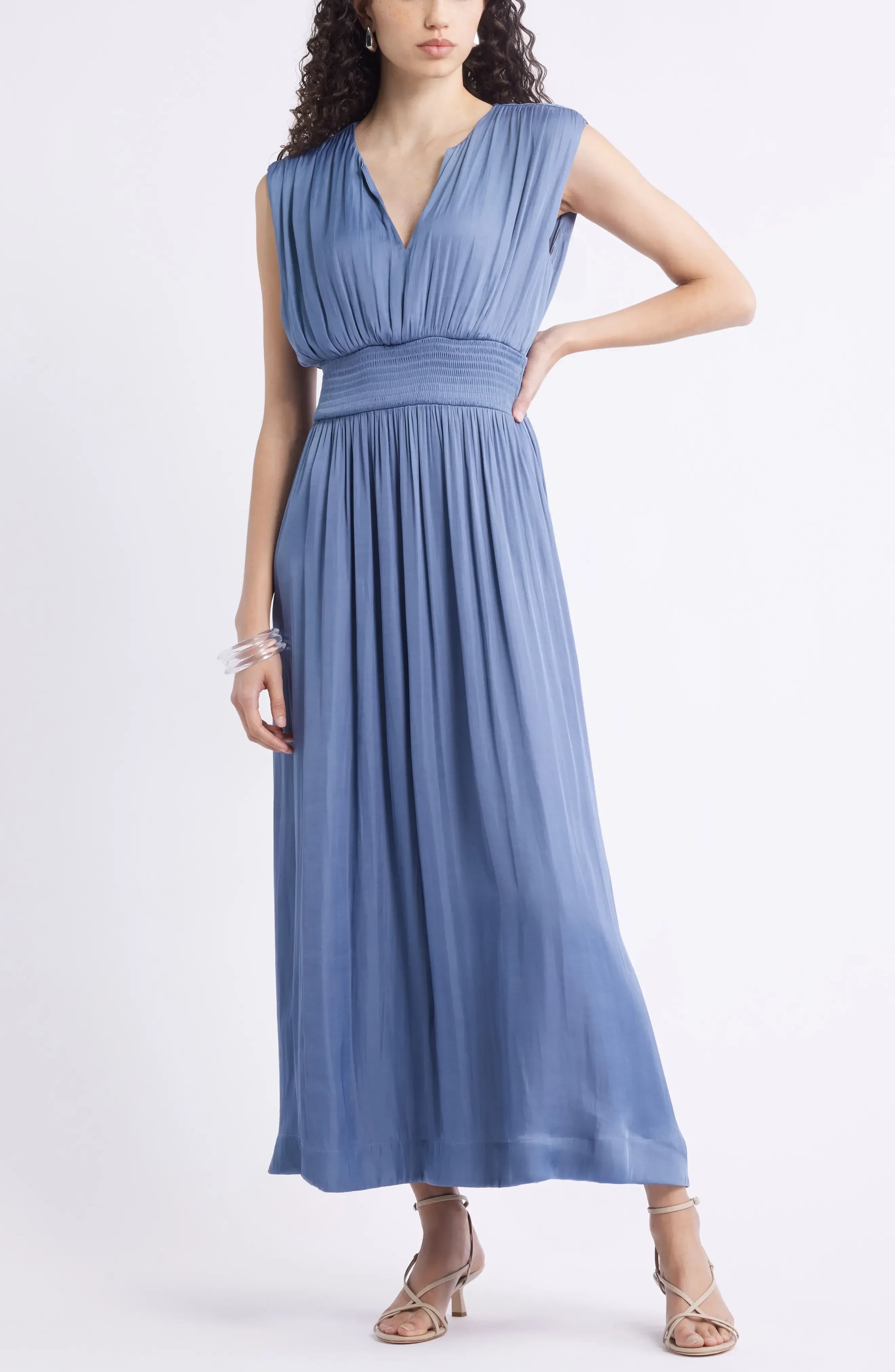 Graceful A Line V Neck Sleeveless Smocked Back Floor Length Evening Dress
