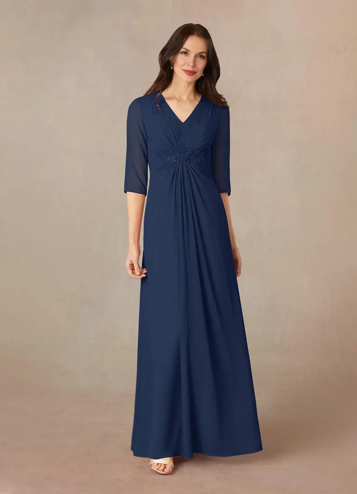 Graceful A Line V Neck Three Quarter Sleeve Zipper Back Floor Length Mother of the Bride Dress