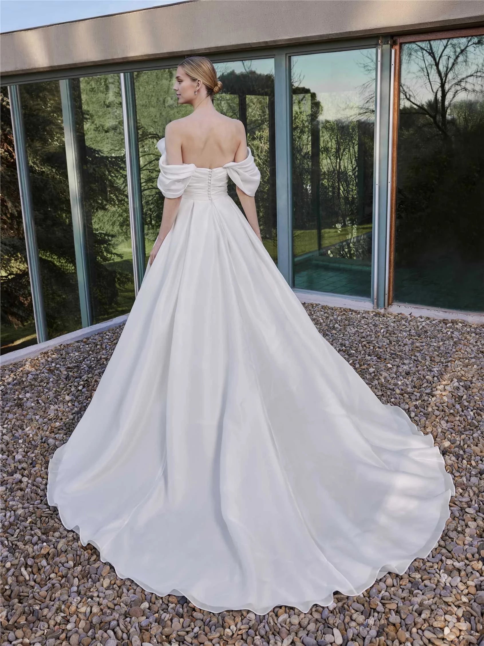 Graceful Ball Gown Off The Shoulder Puffed Sleeve Button Back Floor Length Wedding Dress
