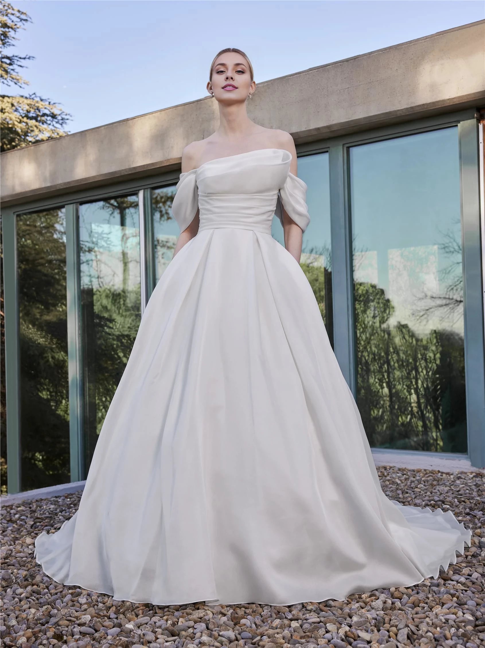 Graceful Ball Gown Off The Shoulder Puffed Sleeve Button Back Floor Length Wedding Dress