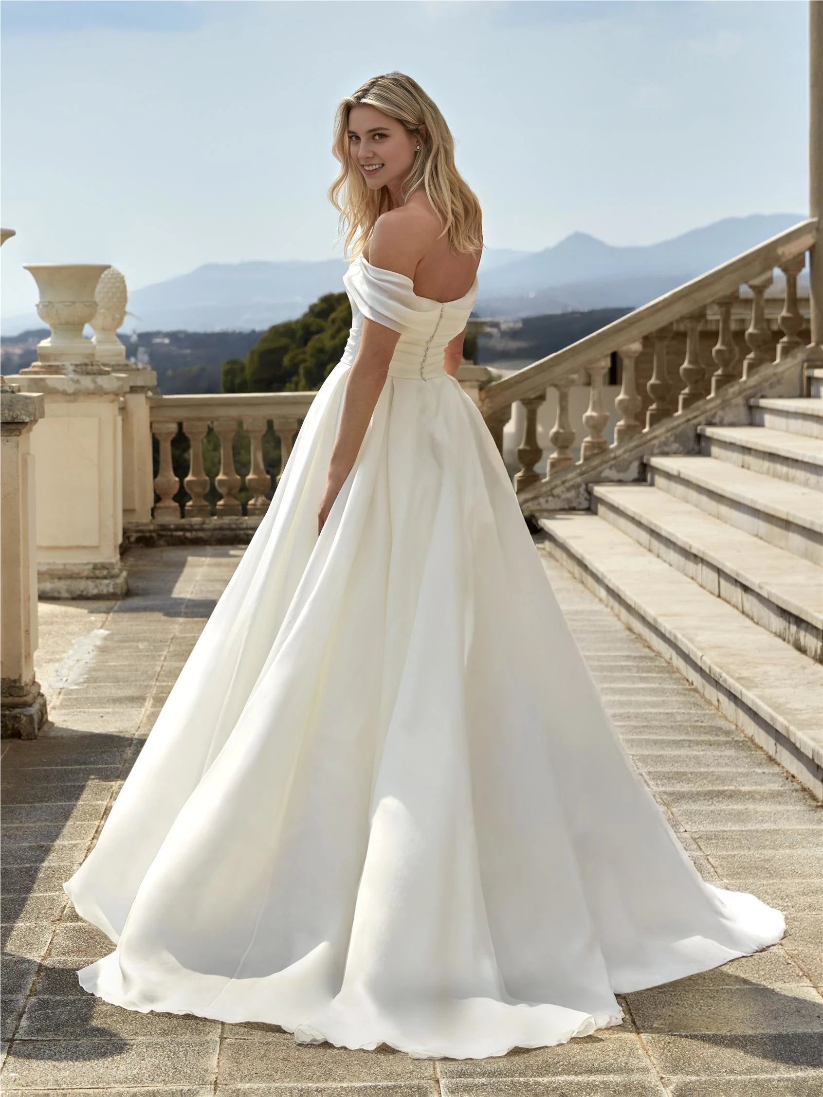 Graceful Ball Gown Off The Shoulder Short Sleeve Zip Back Floor Length Wedding Dress