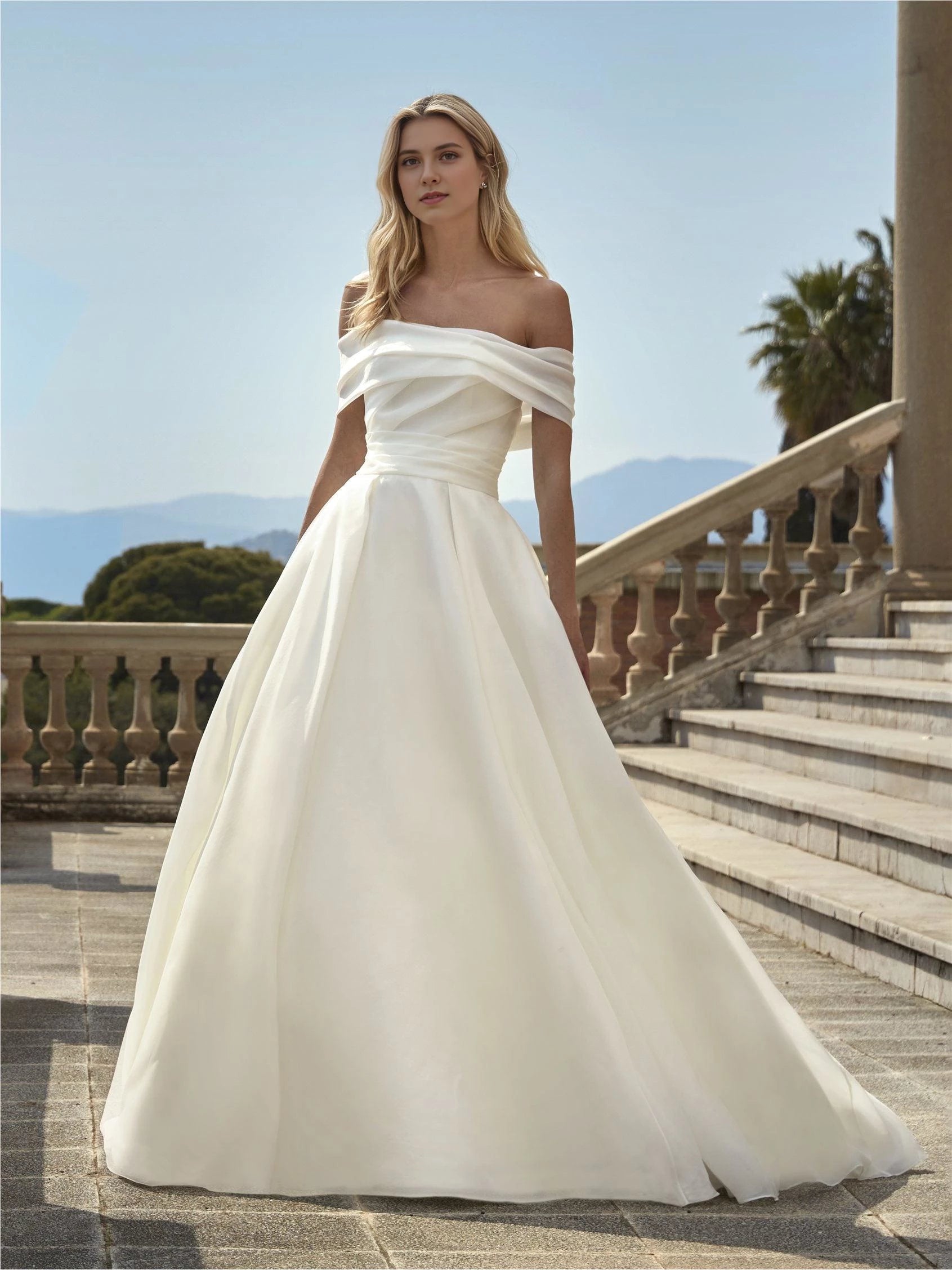 Graceful Ball Gown Off The Shoulder Short Sleeve Zip Back Floor Length Wedding Dress