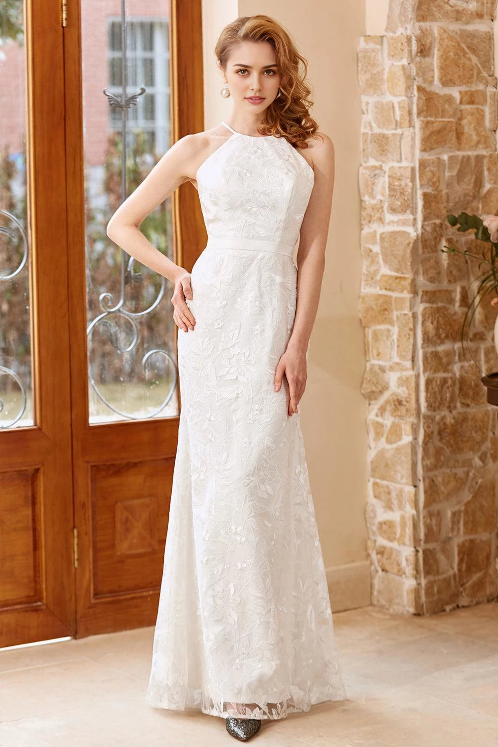 Graceful Mermaid Halter Neck Sleeveless Zipper Back Floor Length Wedding Dress