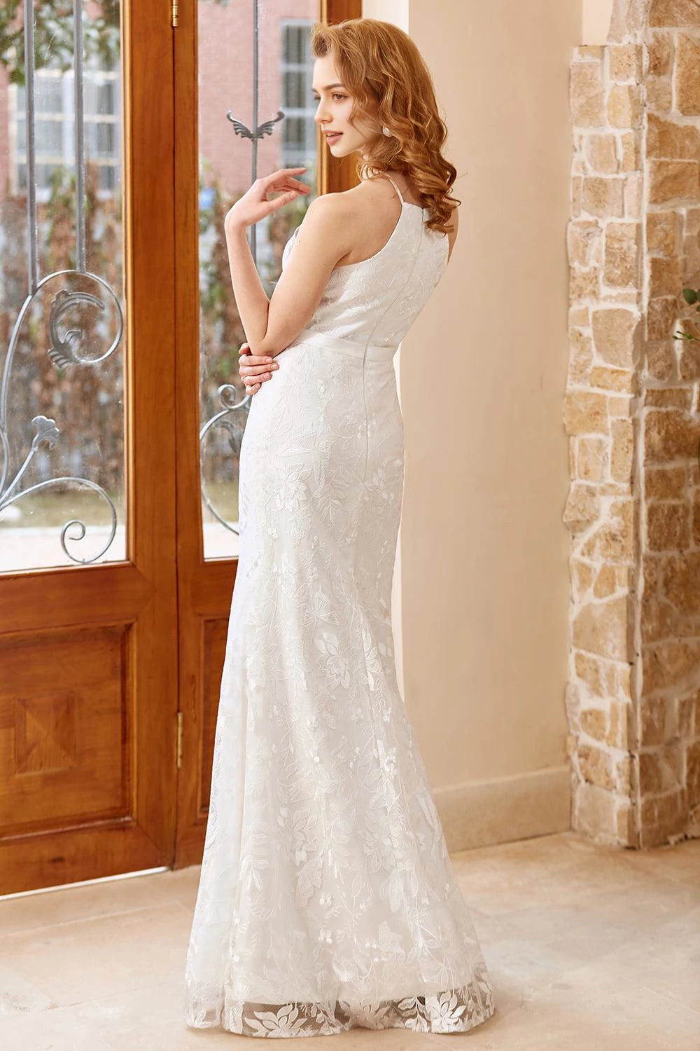 Graceful Mermaid Halter Neck Sleeveless Zipper Back Floor Length Wedding Dress