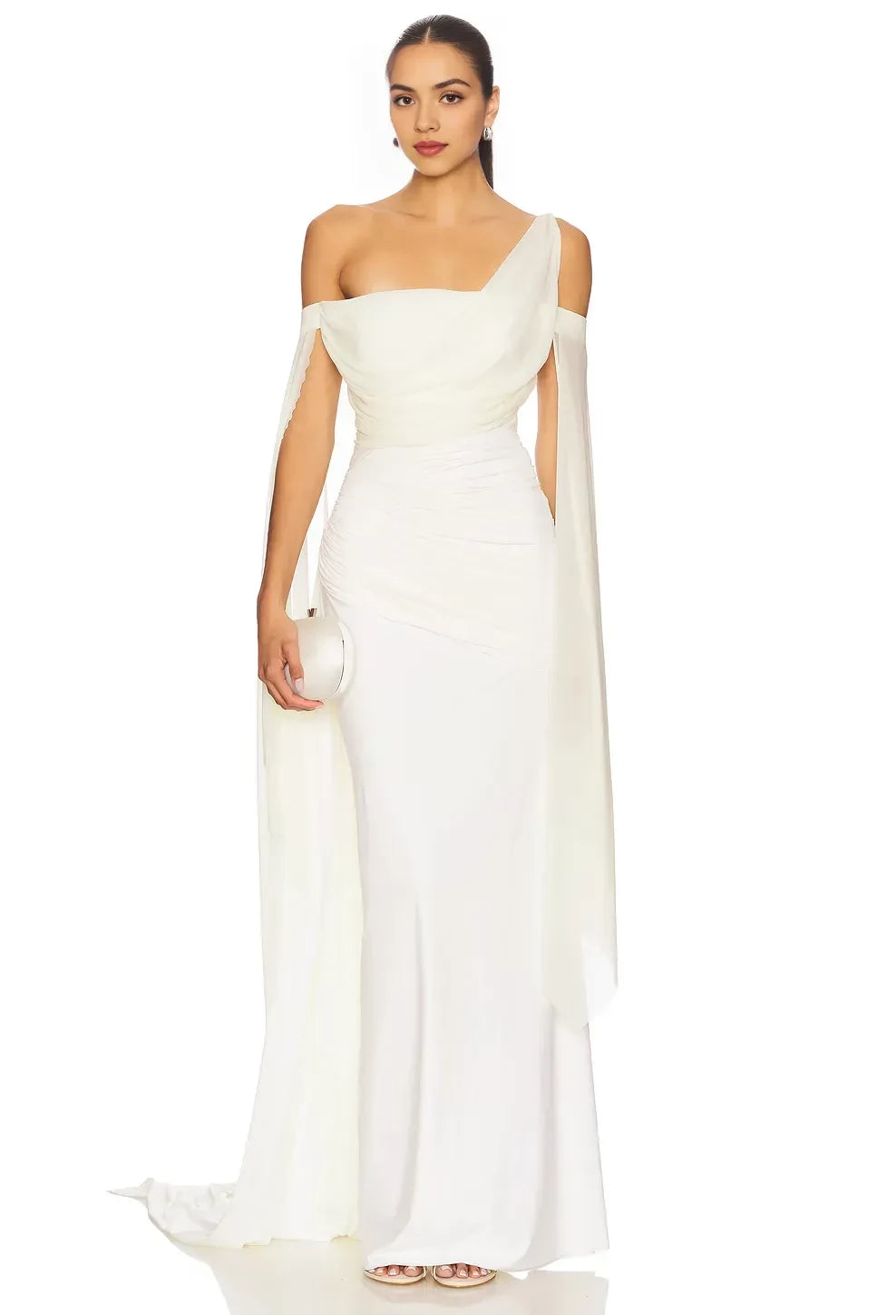 Graceful Mermaid One Shoulder Cape Sleeve Draped Back Floor Length Evening Dress