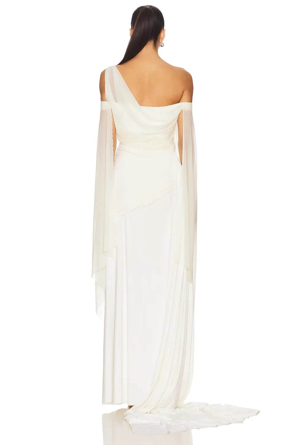 Graceful Mermaid One Shoulder Cape Sleeve Draped Back Floor Length Evening Dress