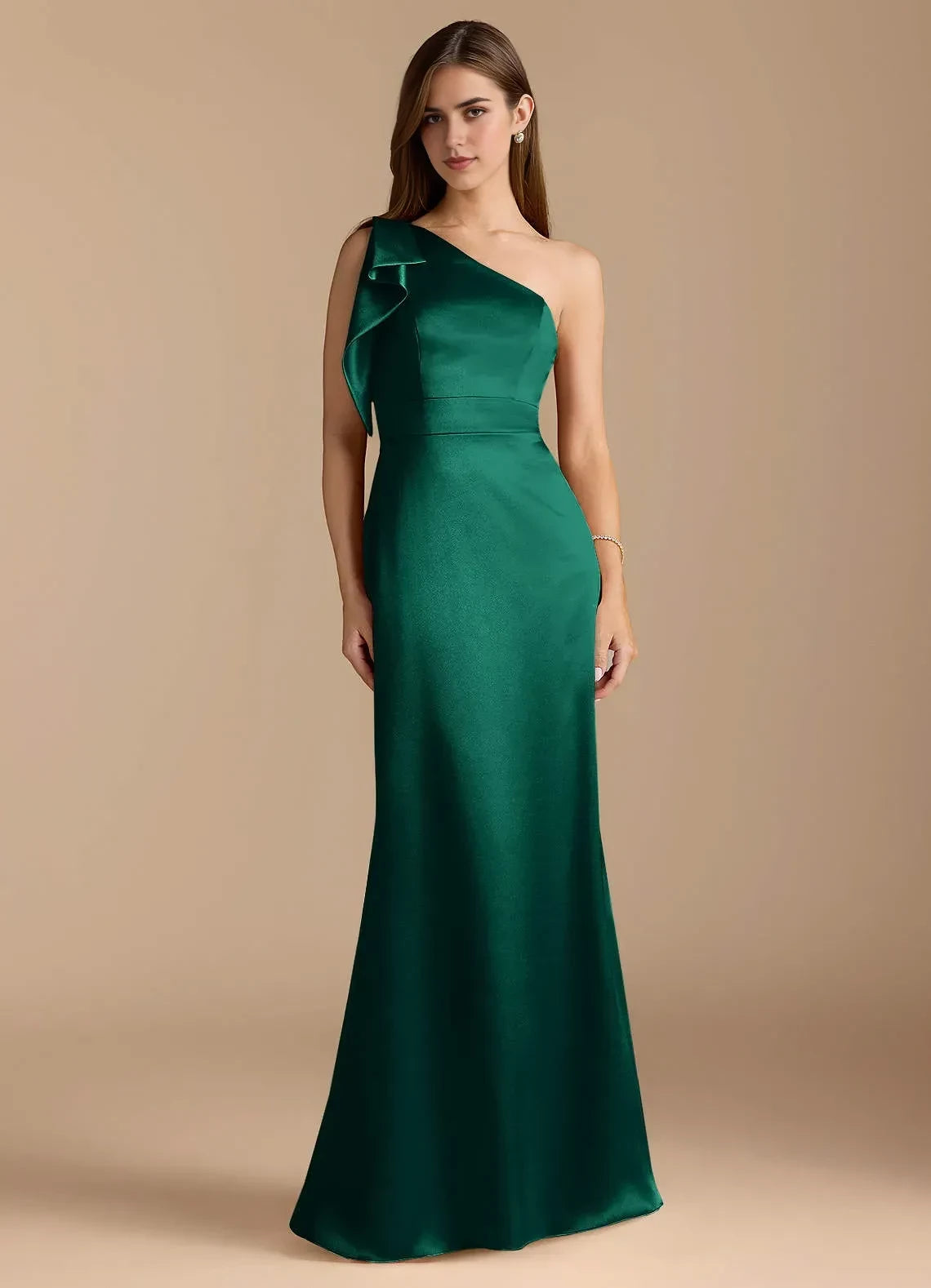 Graceful Mermaid One Shoulder Ruffled Sleeve Zip Back Floor Length Bridesmaid Dress