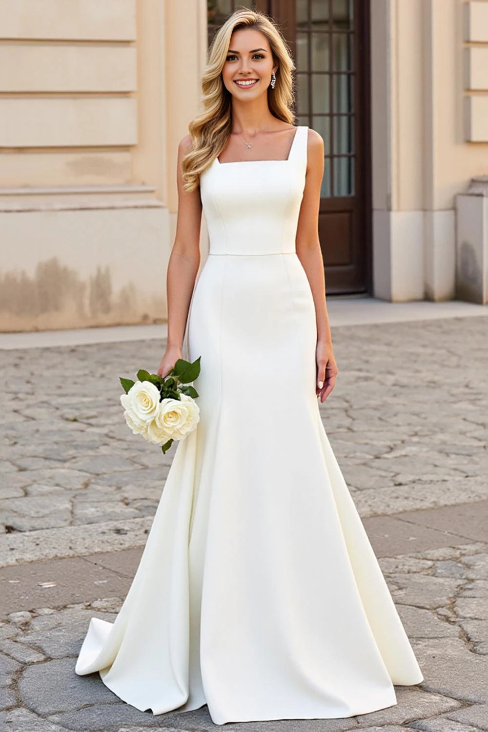 Graceful Mermaid Square Neck Sleeveless Open Back Floor Length Wedding Dress