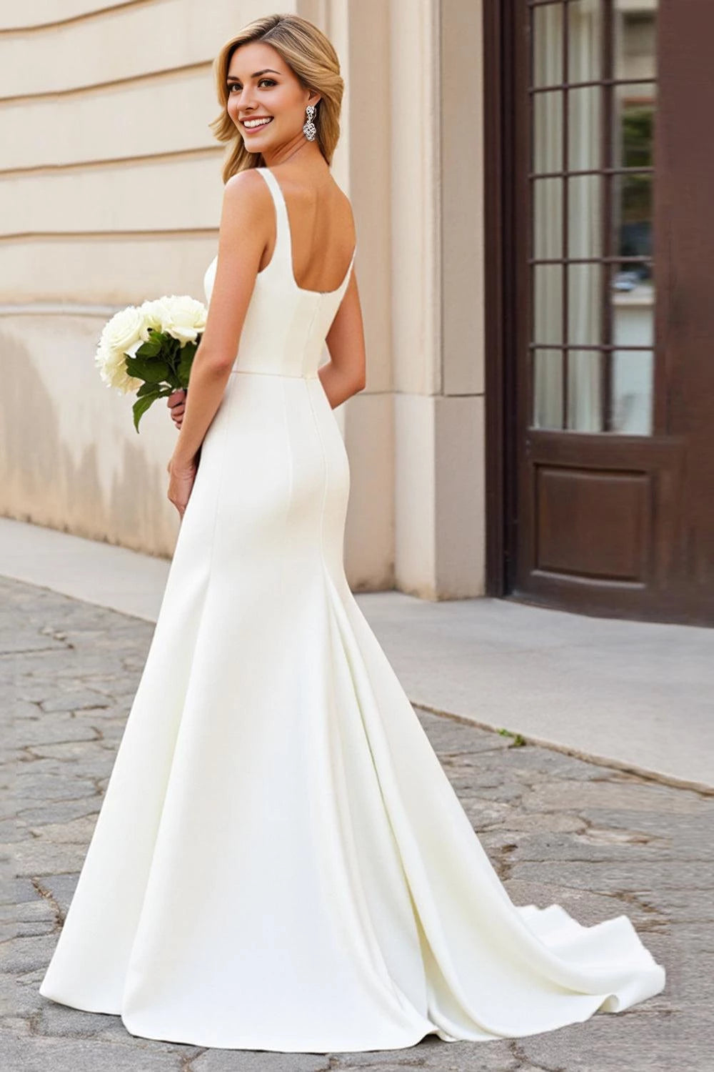 Graceful Mermaid Square Neck Sleeveless Open Back Floor Length Wedding Dress
