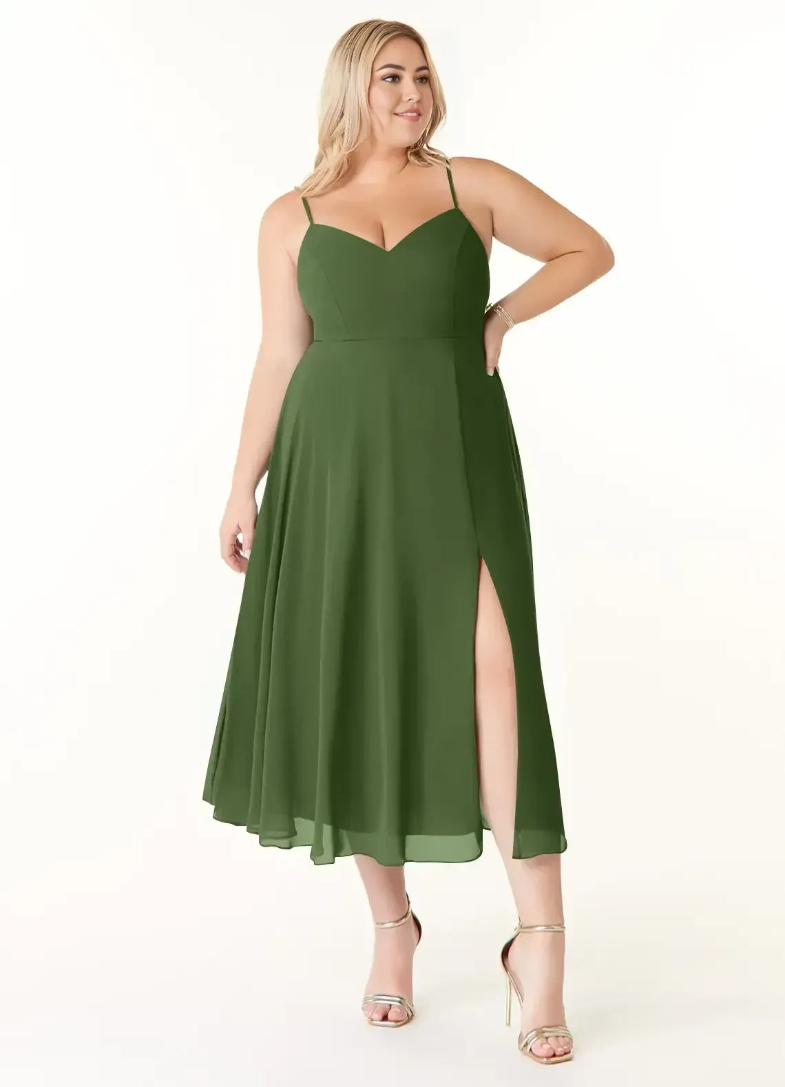 Graceful Plus Size A Line Sweetheart Neck Sleeveless Zipper Back Midi Length Bridesmaid Dress