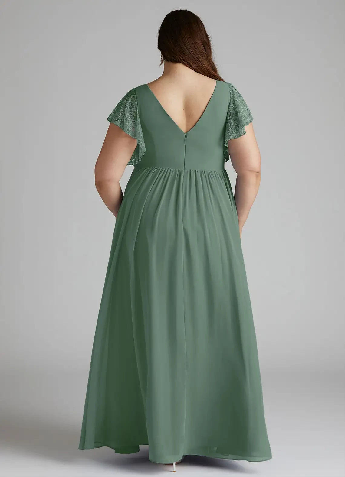 Graceful Plus Size A Line V Neck Lace Flutter Sleeve V Back Floor Length Bridesmaid Dress