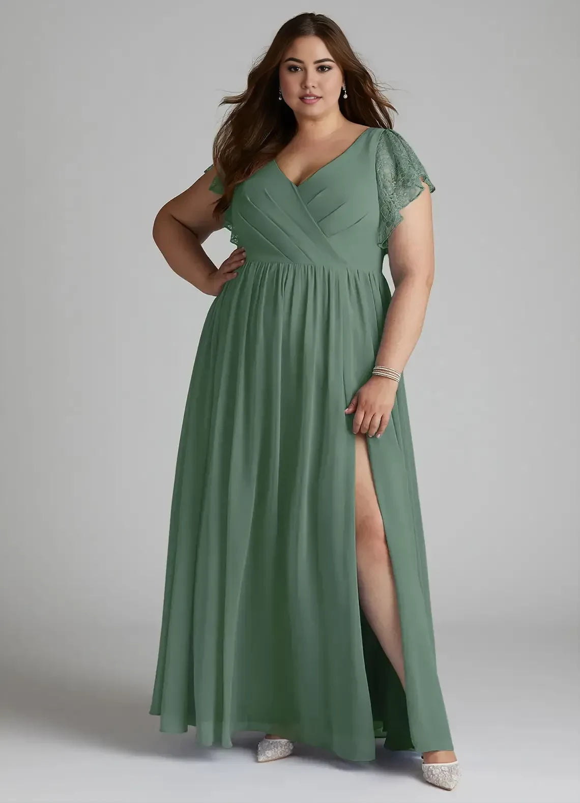 Graceful Plus Size A Line V Neck Lace Flutter Sleeve V Back Floor Length Bridesmaid Dress
