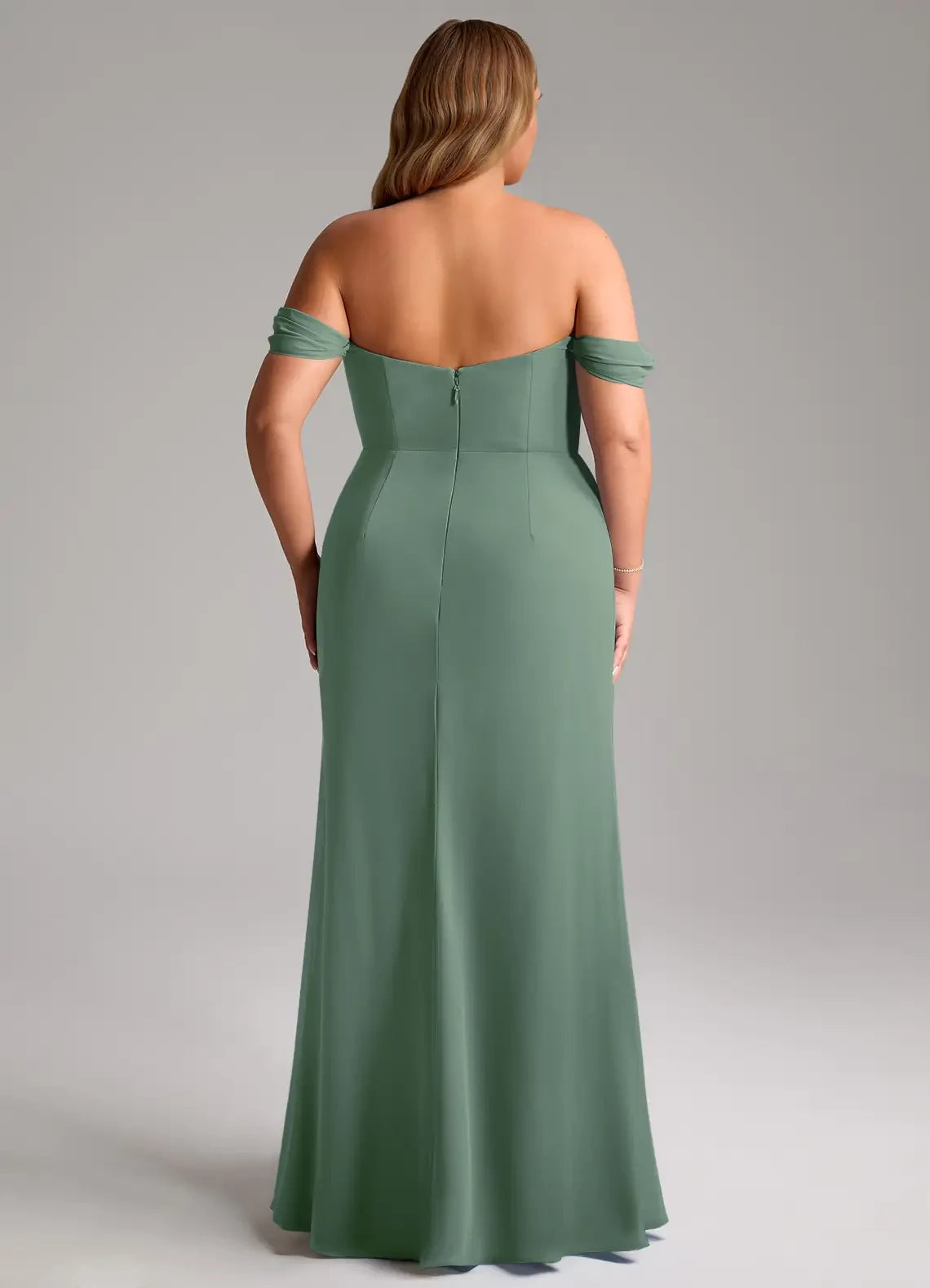Graceful Plus Size Sheath Off Shoulder Short Sleeve Open Back Floor Length Bridesmaid Dress