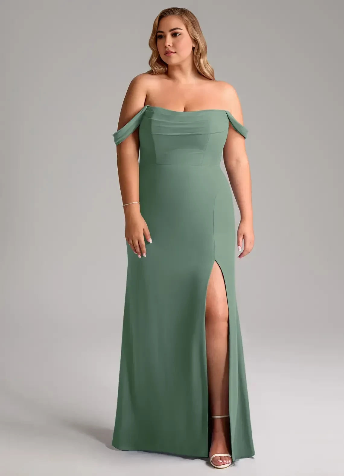 Graceful Plus Size Sheath Off Shoulder Short Sleeve Open Back Floor Length Bridesmaid Dress