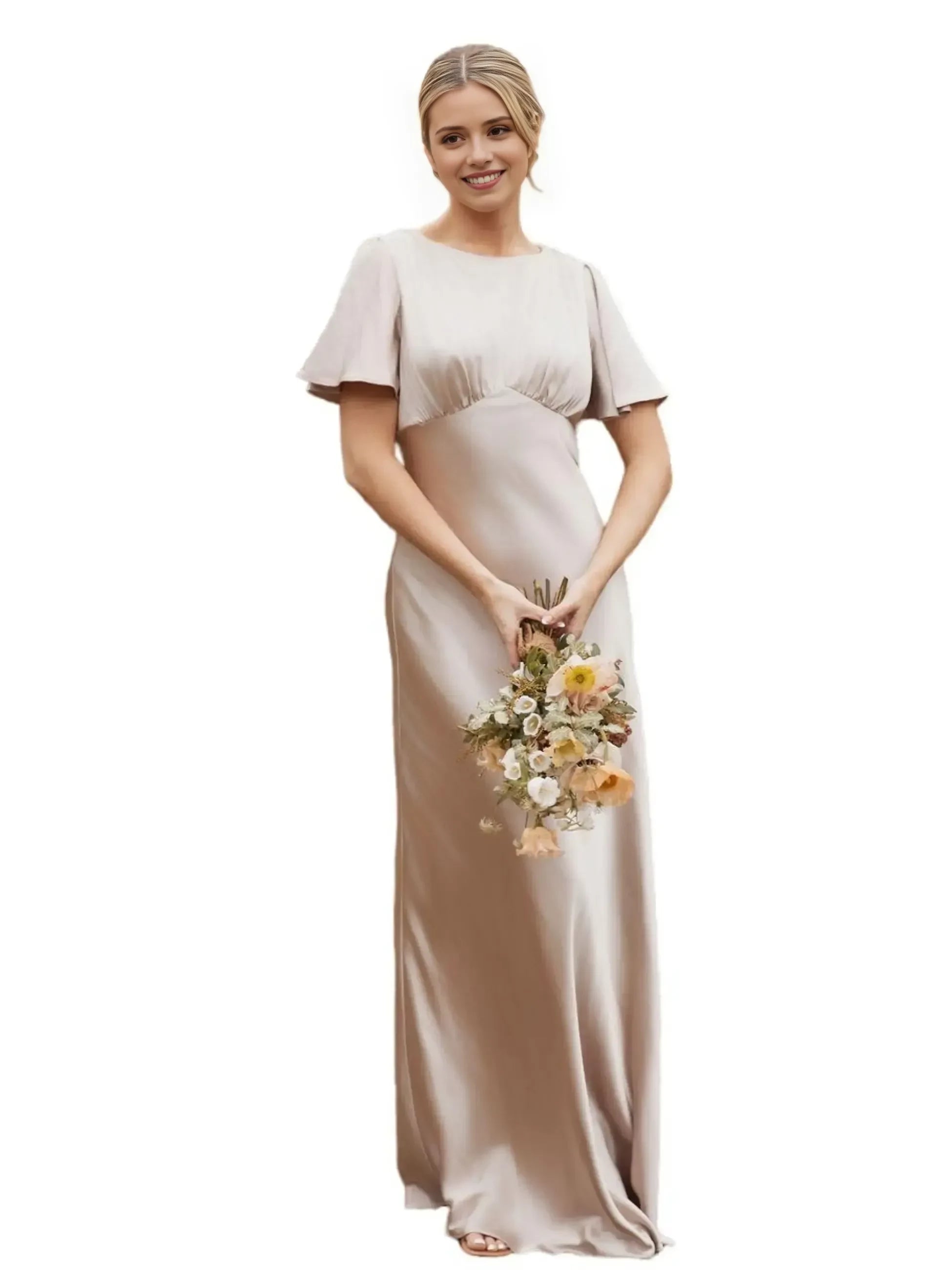Graceful Sheath Boat Neck Flutter Sleeve Zipper Back Floor Length Bridesmaid Dress