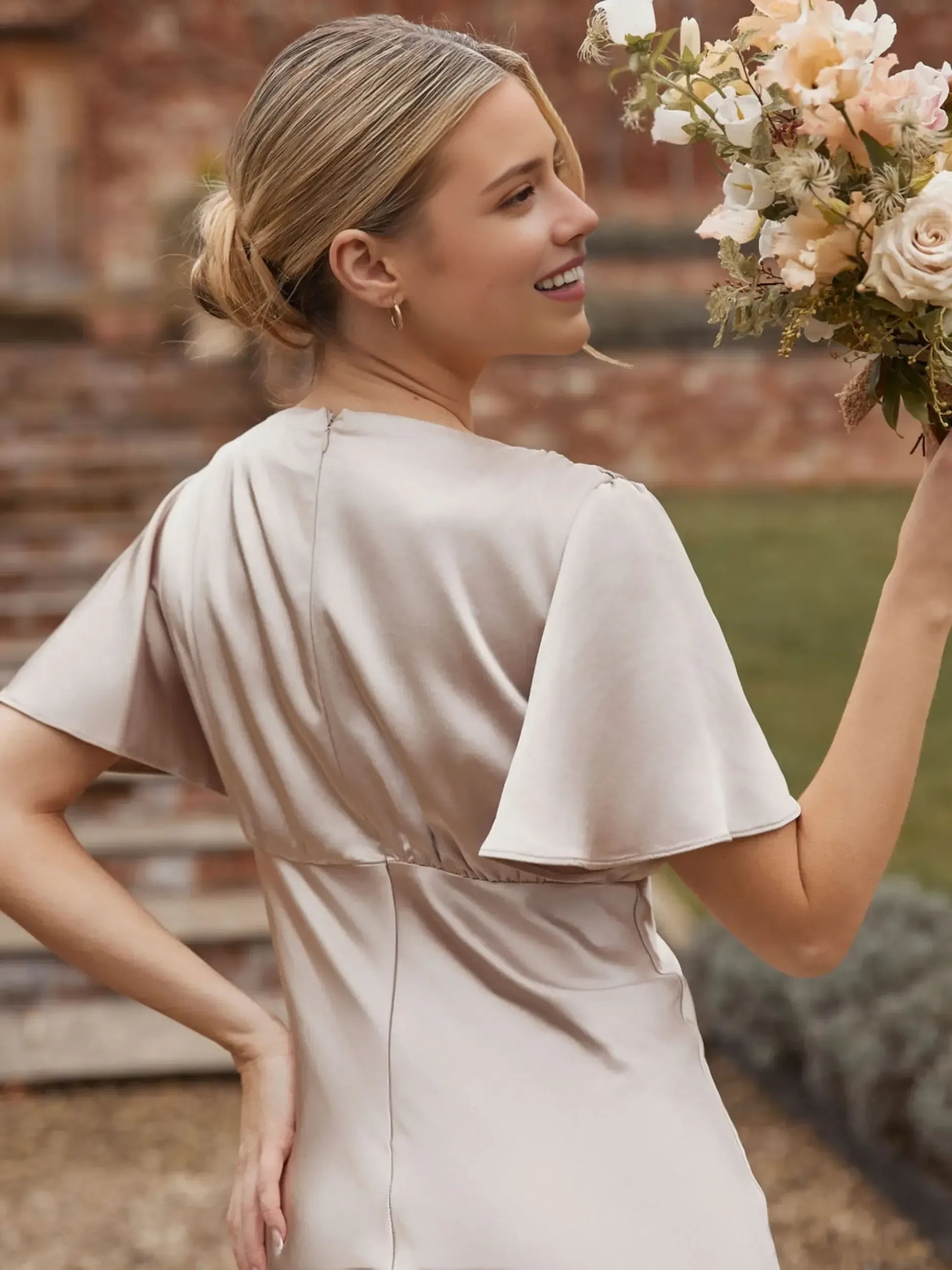 Graceful Sheath Boat Neck Flutter Sleeve Zipper Back Floor Length Bridesmaid Dress