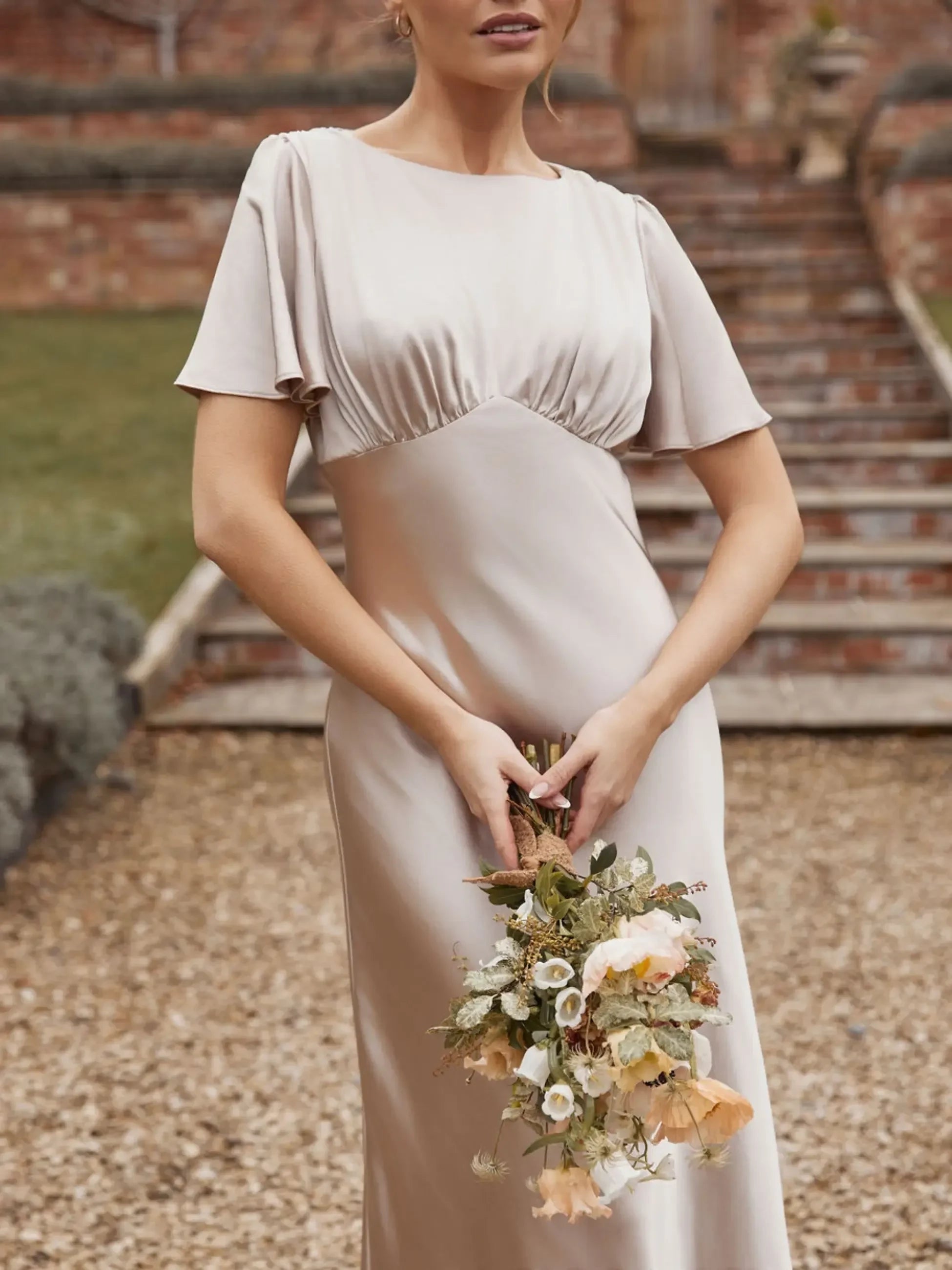 Graceful Sheath Boat Neck Flutter Sleeve Zipper Back Floor Length Bridesmaid Dress