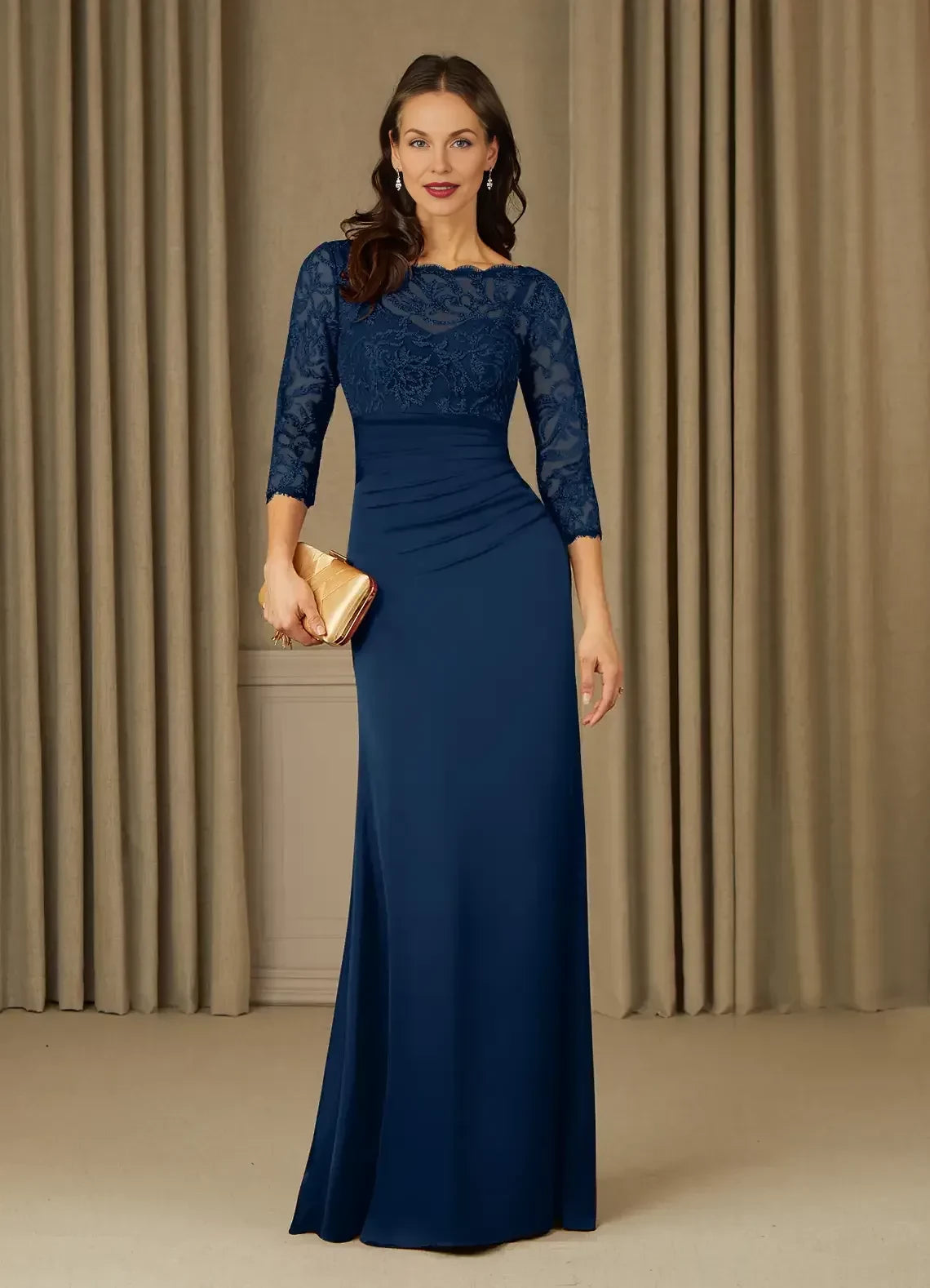 Graceful Sheath Boat Neck Three Quarter Sleeve Zipper Back Floor Length Mother of the Bride Dresses