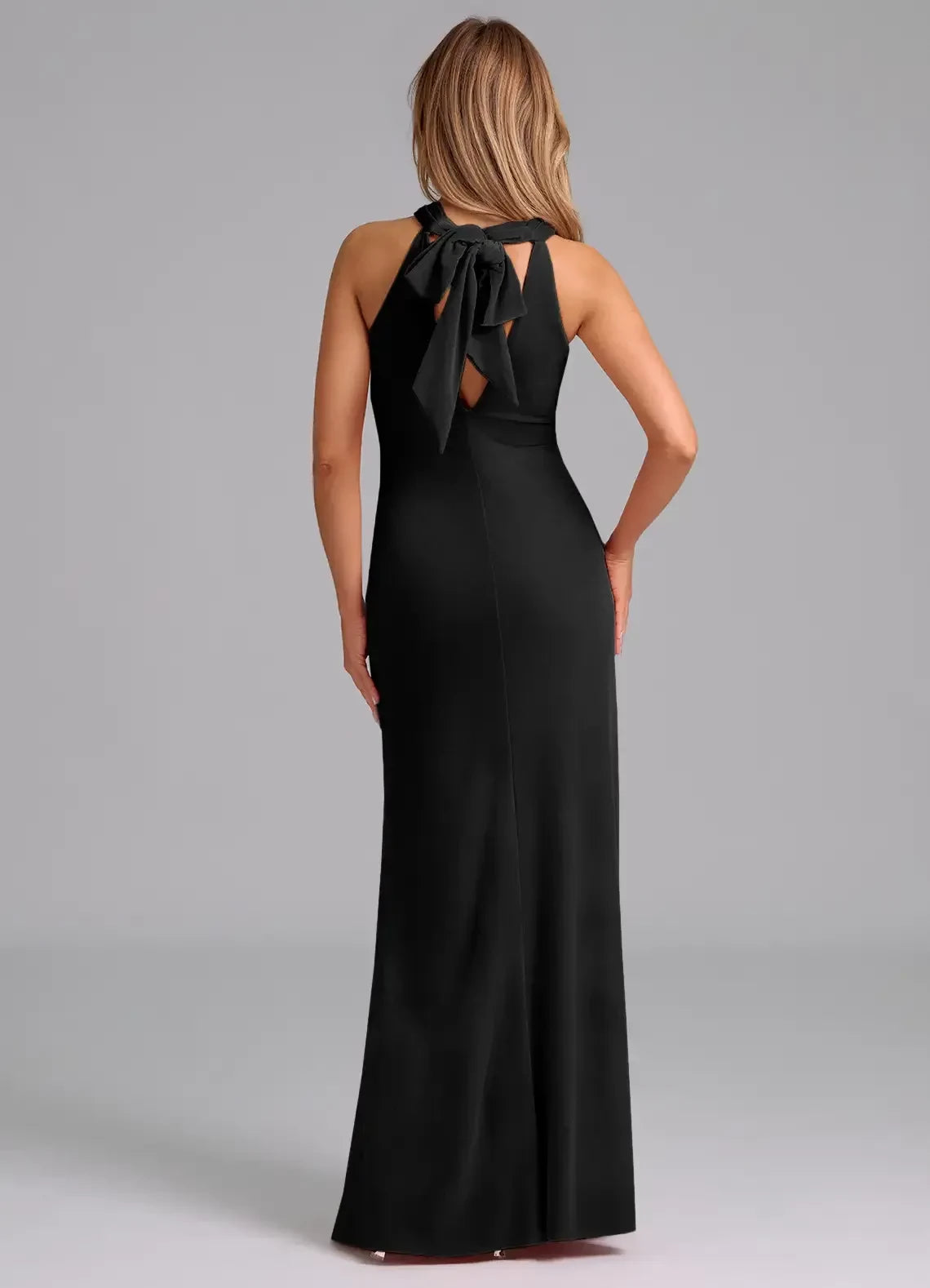 Graceful Sheath Halter Neck Sleeveless Bow Back Floor Length Bridesmaid Dress