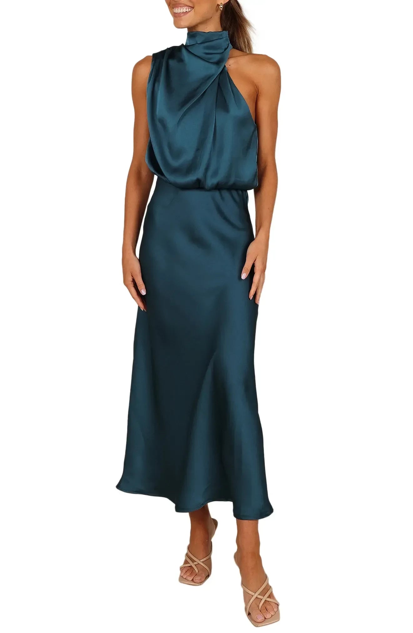 Graceful Sheath Halter Neck Sleeveless Zipper Back Midi Evening Dress