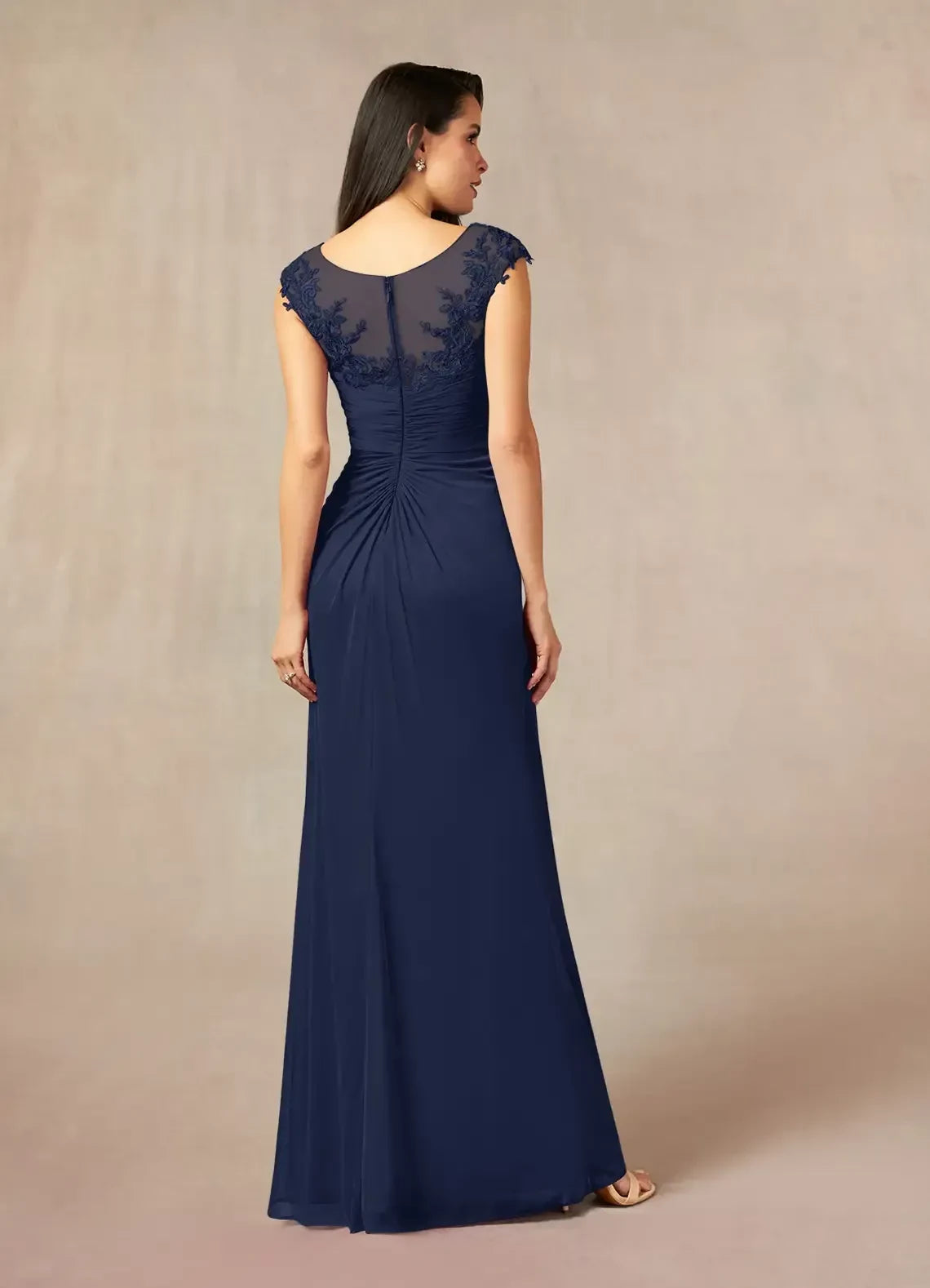 Graceful Sheath Illusion Neck Cap Sleeve Ruched Back Floor Length Mother of the Bride Dress