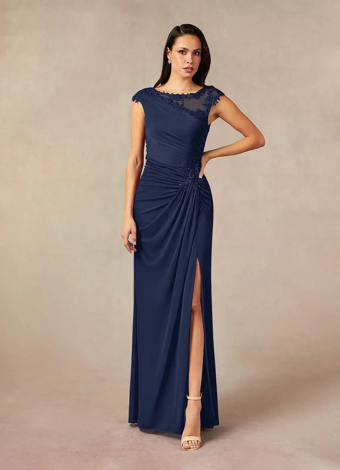 Graceful Sheath Illusion Neck Cap Sleeve Ruched Back Floor Length Mother of the Bride Dress