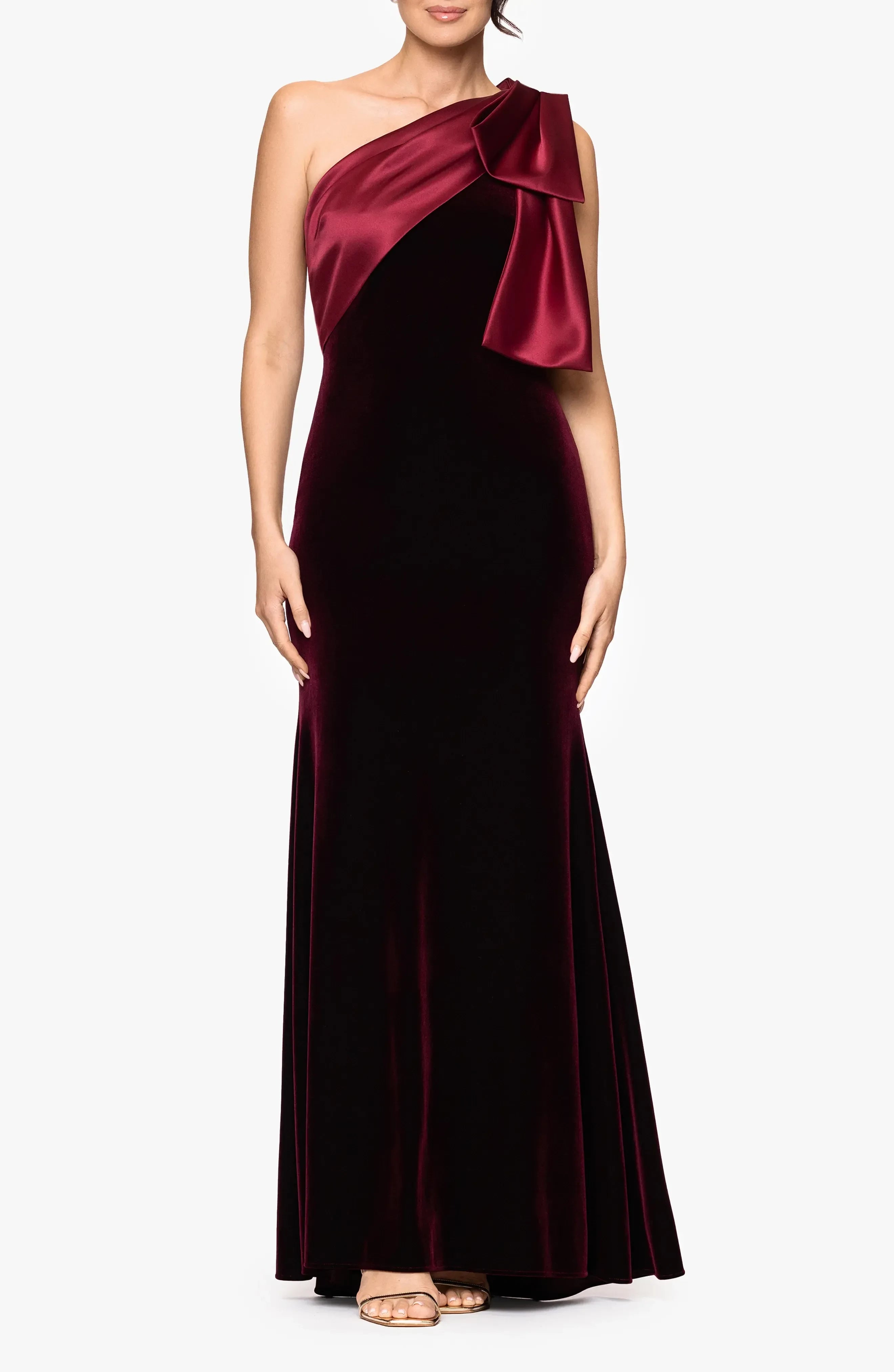 Graceful Sheath One Shoulder Bow Detail Sleeveless Open Back Floor Length Evening Dress ﻿