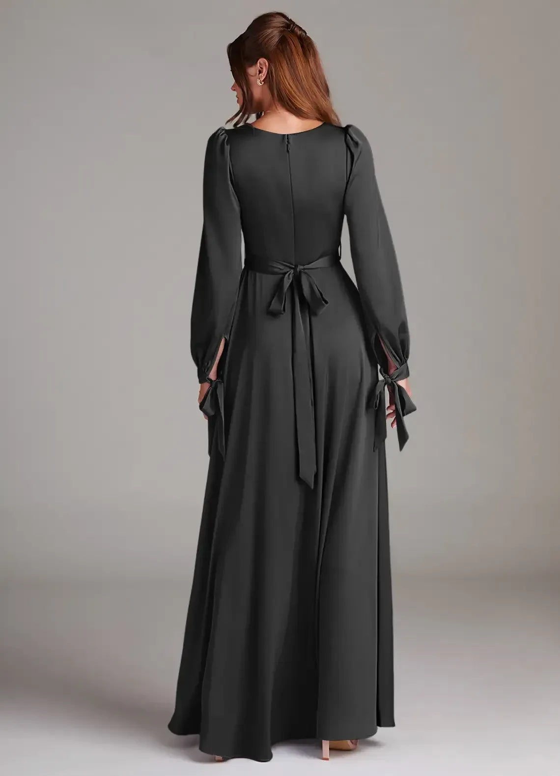 Graceful Sheath Square Neck Puff Long Sleeve Tie Back Floor Length Bridesmaid Dress