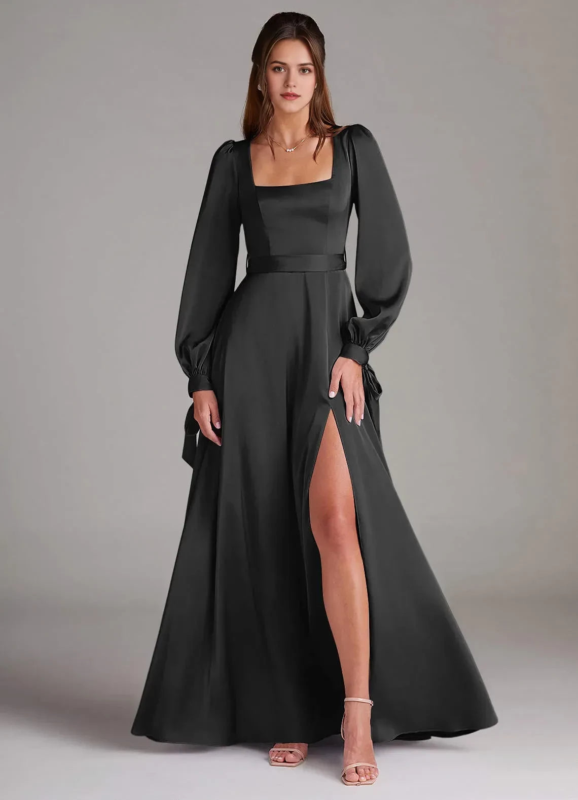 Graceful Sheath Square Neck Puff Long Sleeve Tie Back Floor Length Bridesmaid Dress