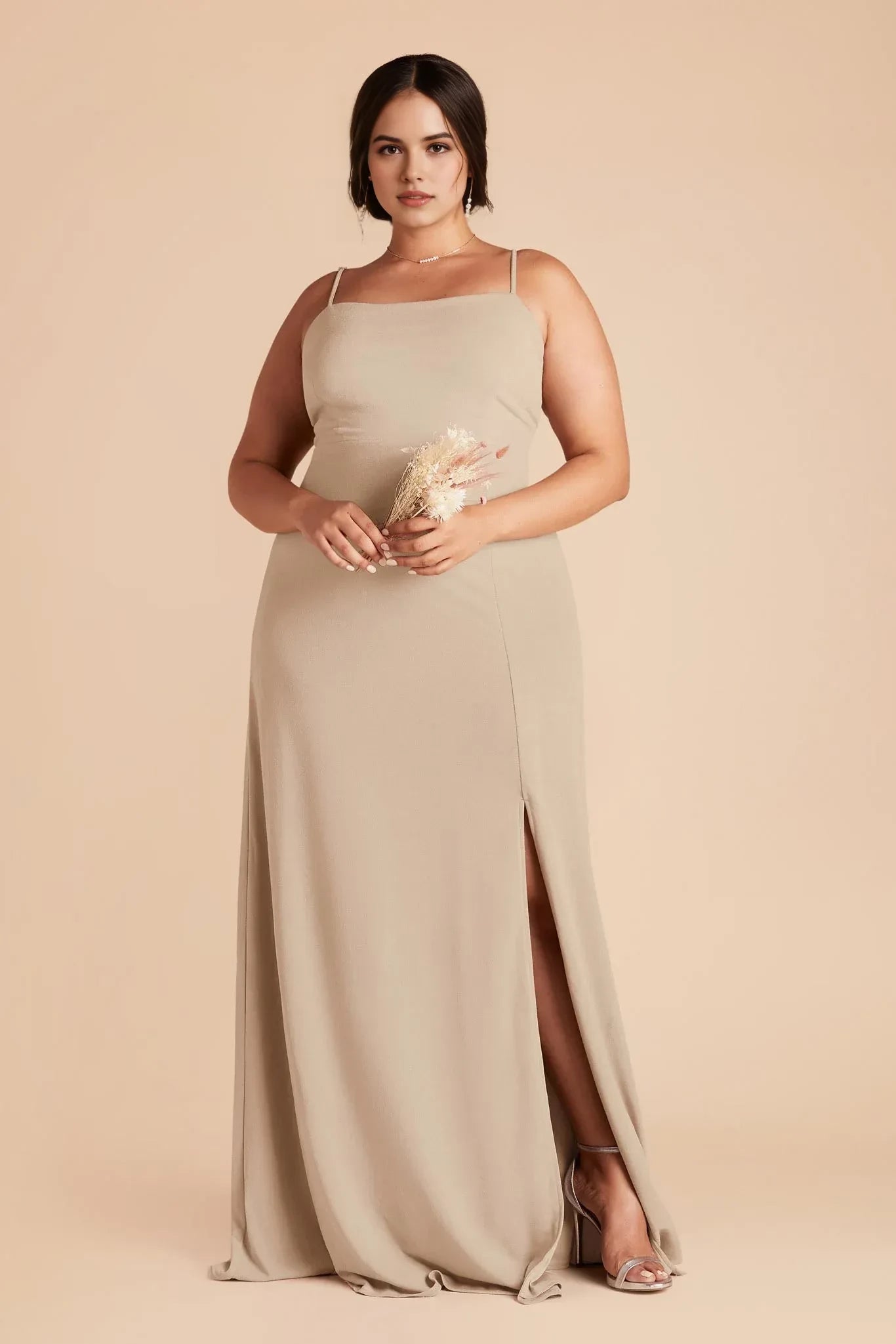 Graceful Sheath Square Neck Spaghetti Strap Bow Back Floor Length Plus Size Bridesmaid Dress