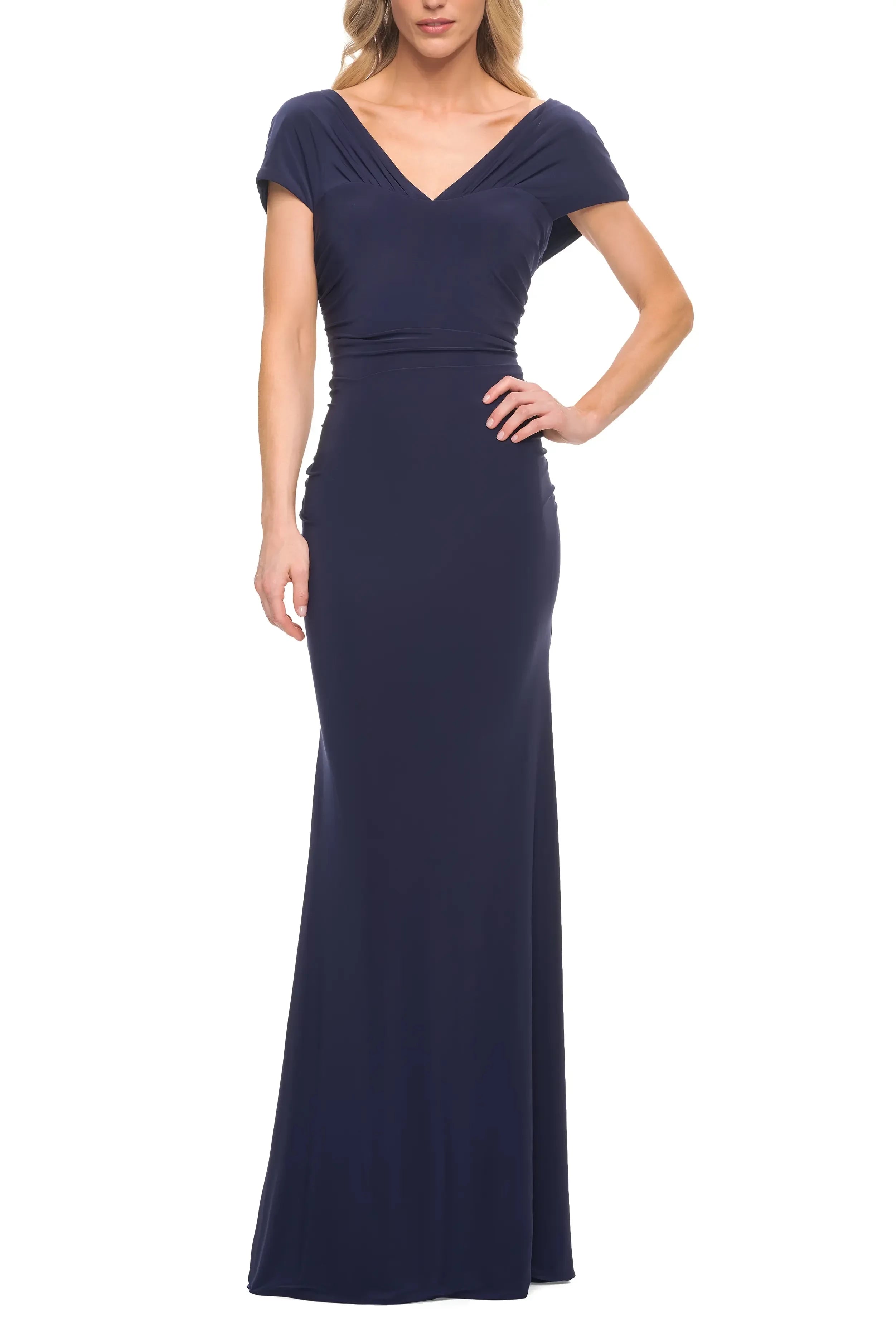 Graceful Sheath V Neck Cap Sleeve Ruched Back Floor Length Evening Dress