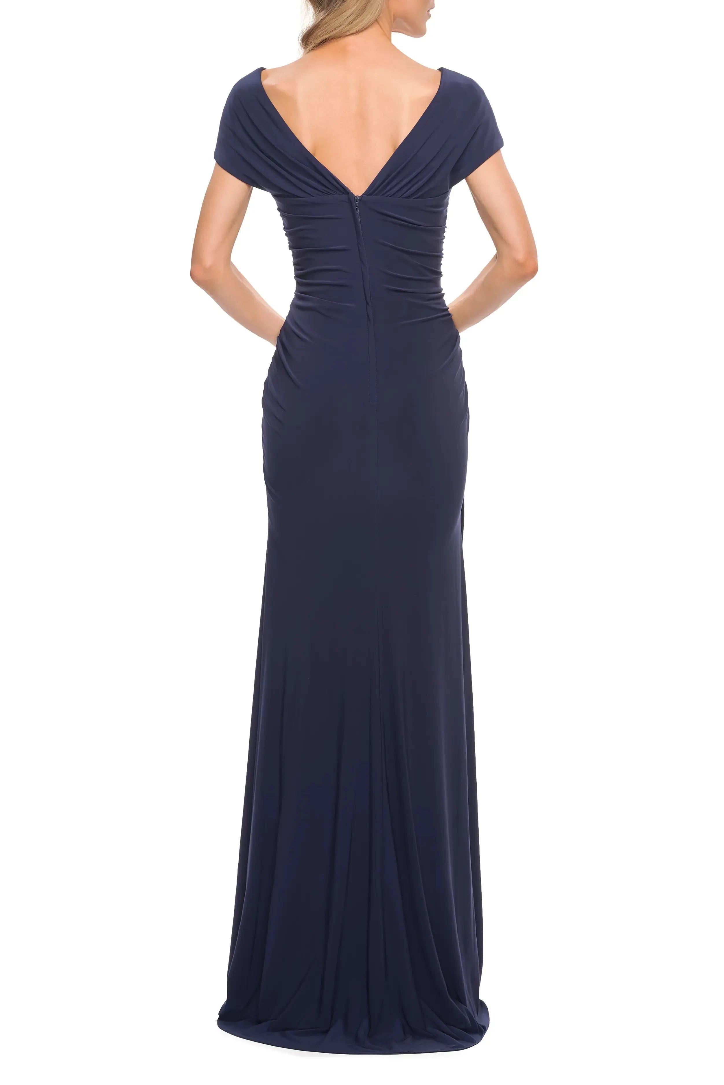 Graceful Sheath V Neck Cap Sleeve Ruched Back Floor Length Evening Dress