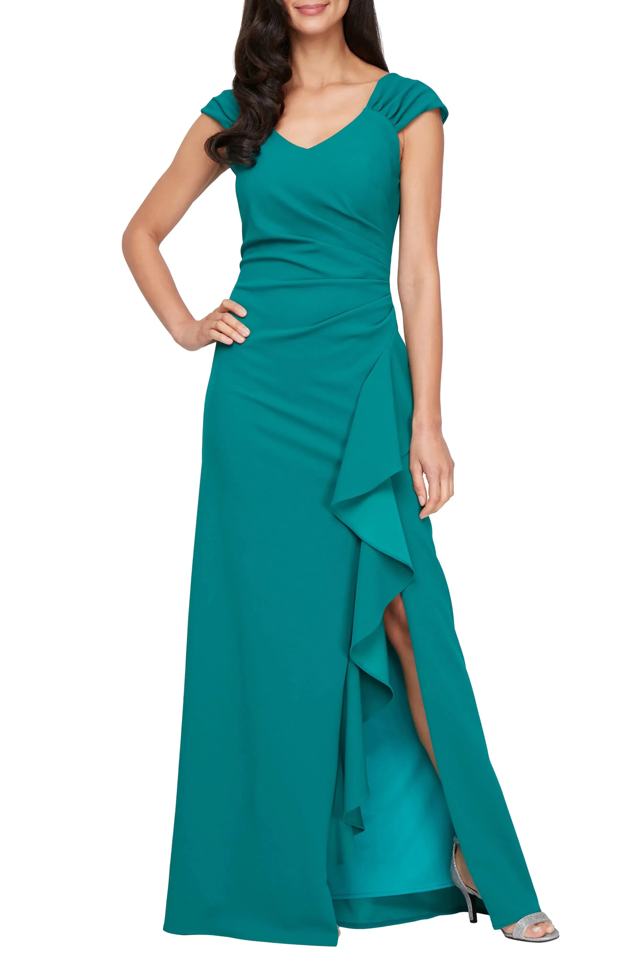 Graceful Sheath V Neck Cap Sleeve Zipper Back Floor Length Evening Dress