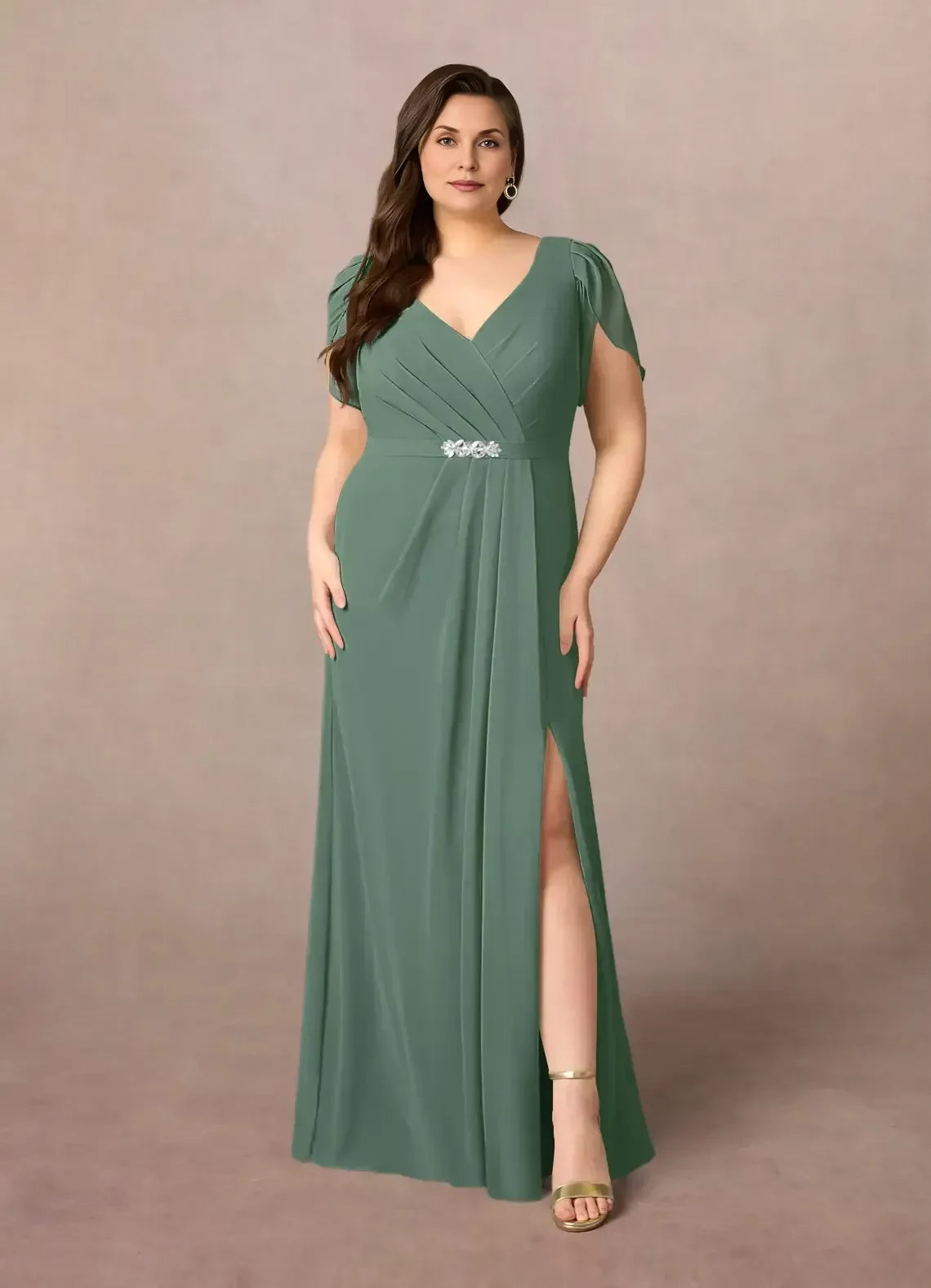 Graceful Sheath V Neck Flutter Sleeve Zip Back ﻿ Plus Size Floor Length Mother of the Bride Dress