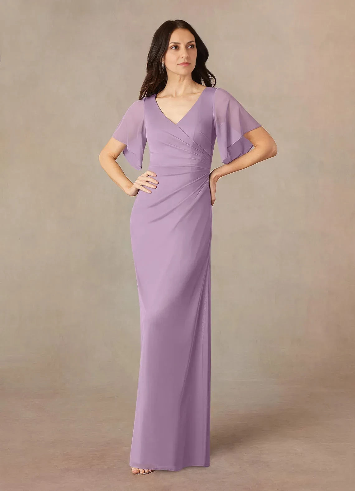 Graceful Sheath V Neck Flutter Sleeve Zipper Back Floor Length Mother of the Bride Dress