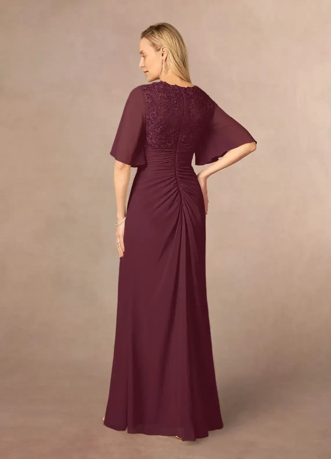 Graceful Sheath V neck Flutter Sleeve Lace Embellished Back Floor Length Mother of the Bride Dress