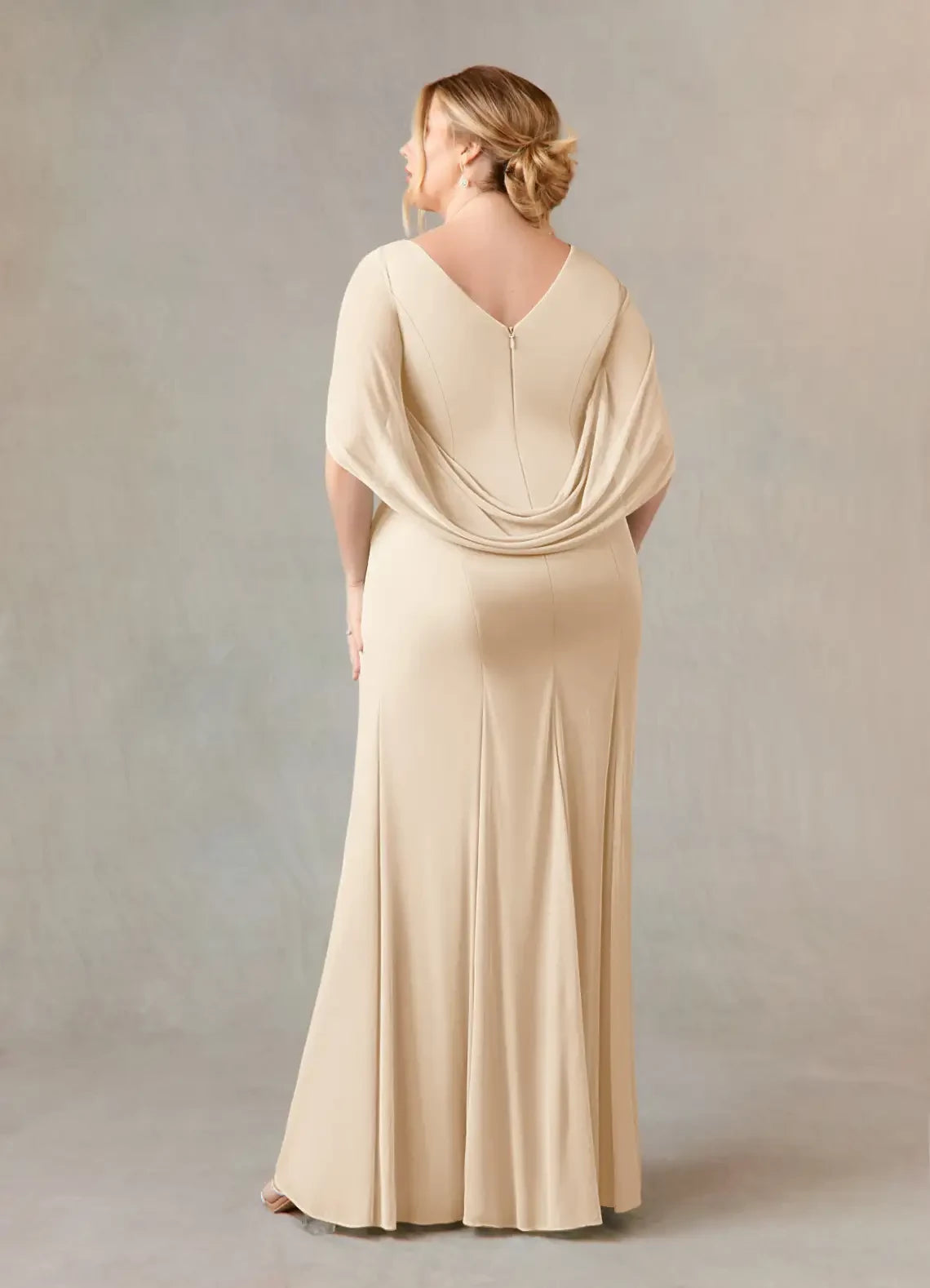 Graceful Trumpet Boat Neck Draped Sleeve Zip Back Plus Size Floor Length Mother of the Bride Dress