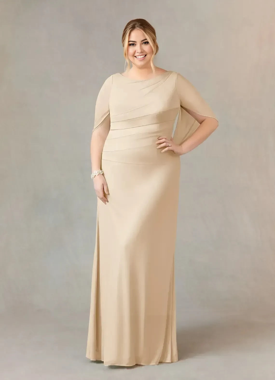 Graceful Trumpet Boat Neck Draped Sleeve Zip Back Plus Size Floor Length Mother of the Bride Dress