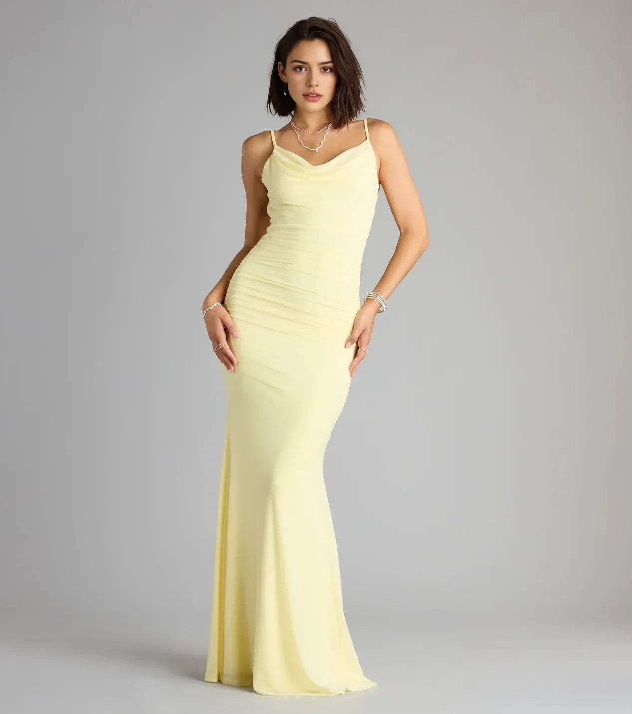 Graceful Trumpet Cowl Neck Spaghetti Strap Open Back Floor Length Prom Dress