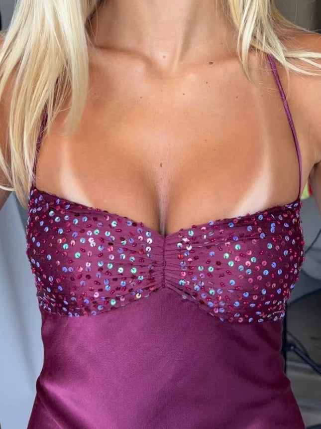 Grape Purple Spaghetti Strap Sequin Satin Open Back Floor length Sleeveless Prom Dress Cocktail Dress Homecoming Dress Evening Dress Party Dress