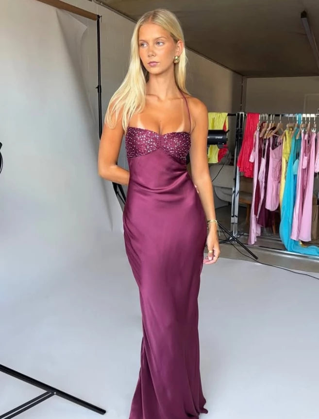Grape Purple Spaghetti Strap Sequin Satin Open Back Floor length Sleeveless Prom Dress Cocktail Dress Homecoming Dress Evening Dress Party Dress