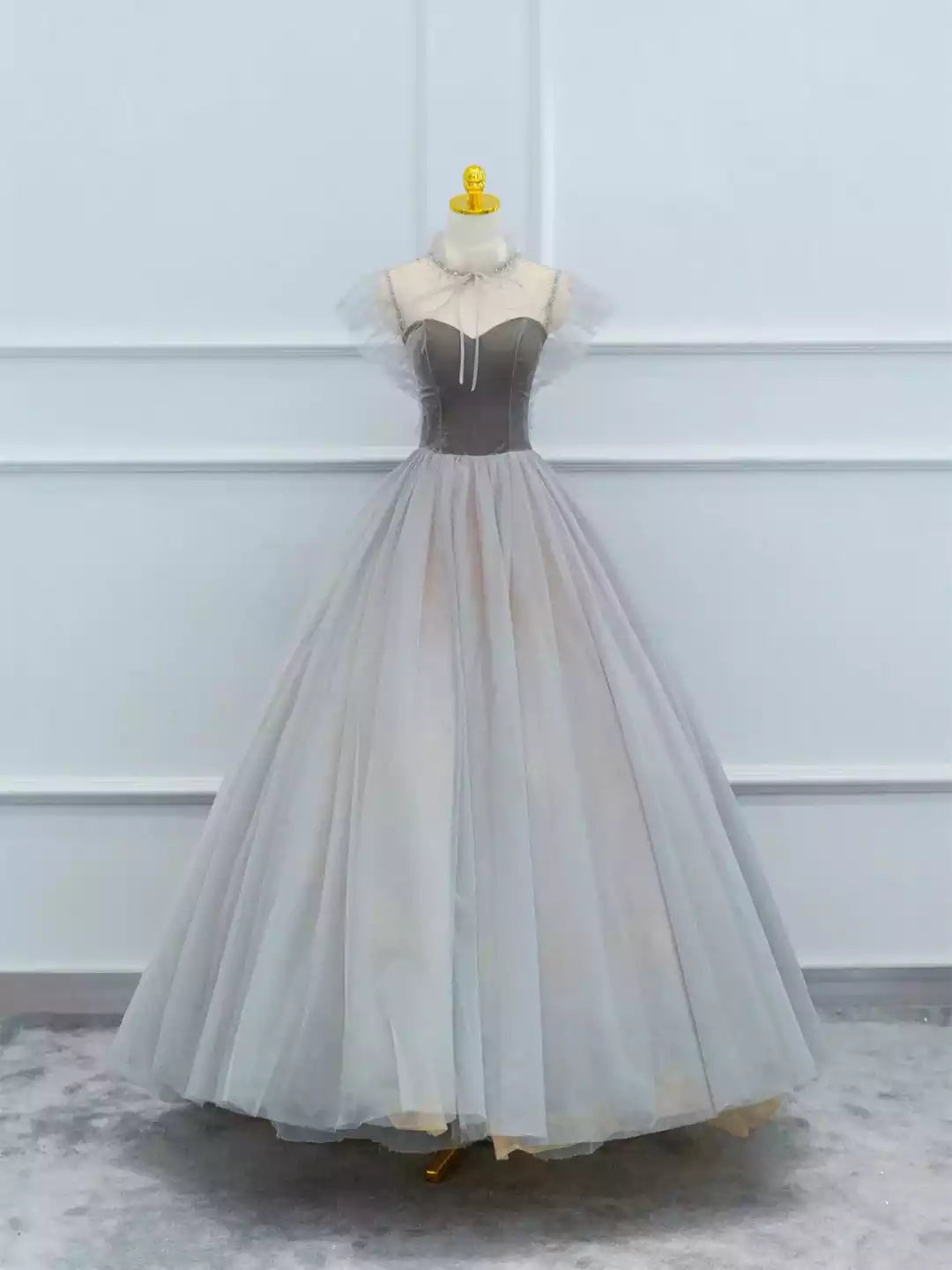 Gray A-Line Lovely Velvet and Tulle Floor Length Prom Dress Formal Evening Dress
