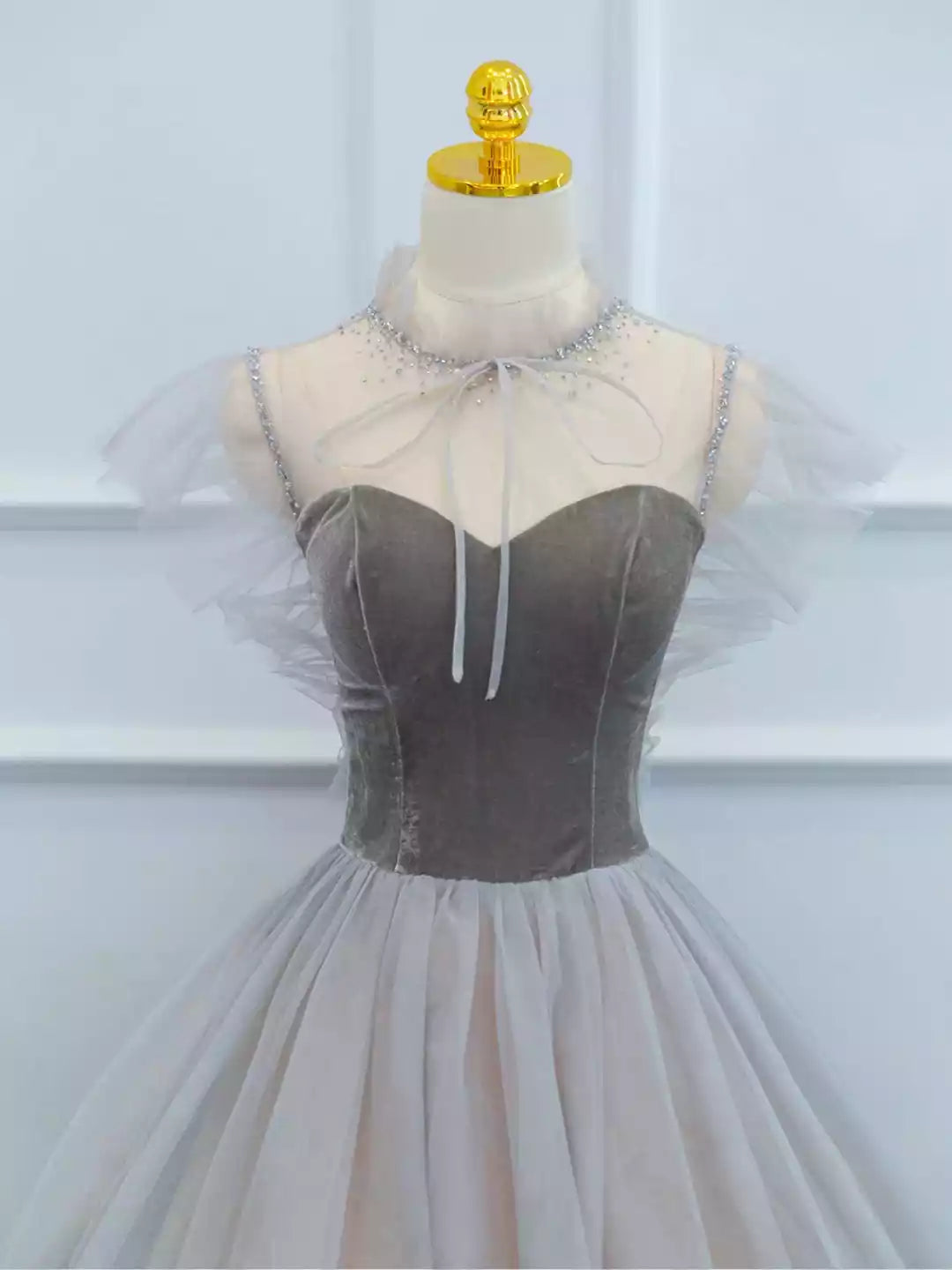 Gray A-Line Lovely Velvet and Tulle Floor Length Prom Dress Formal Evening Dress