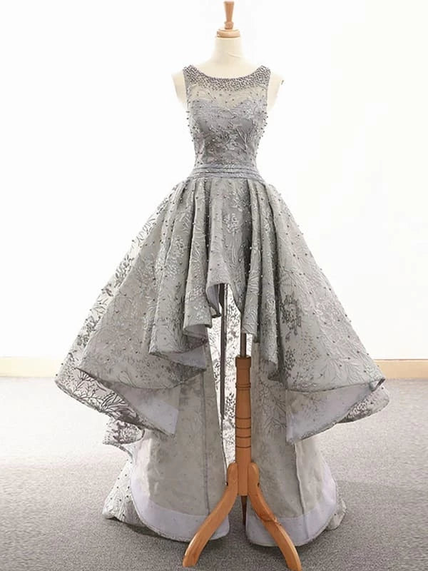 Gray Lace High Low Prom Grey High Low Lace Formal Graduation Party Dresses Homecoming Dresses