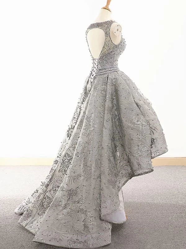 Gray Lace High Low Prom Grey High Low Lace Formal Graduation Party Dresses Homecoming Dresses