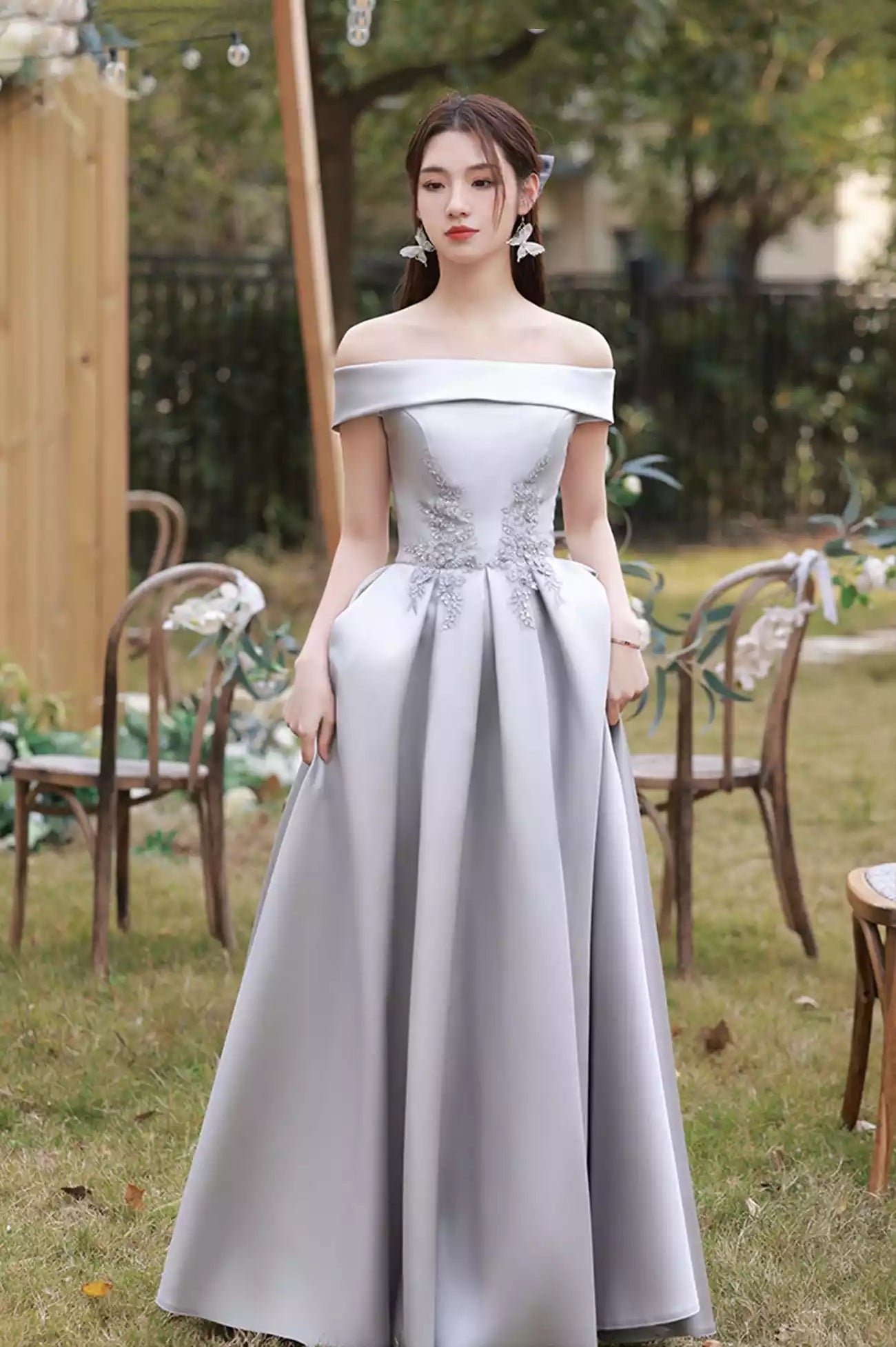 Gray Saitn Lace Long Prom Dress A-Line Evening Dress Bridesmaid Dresses